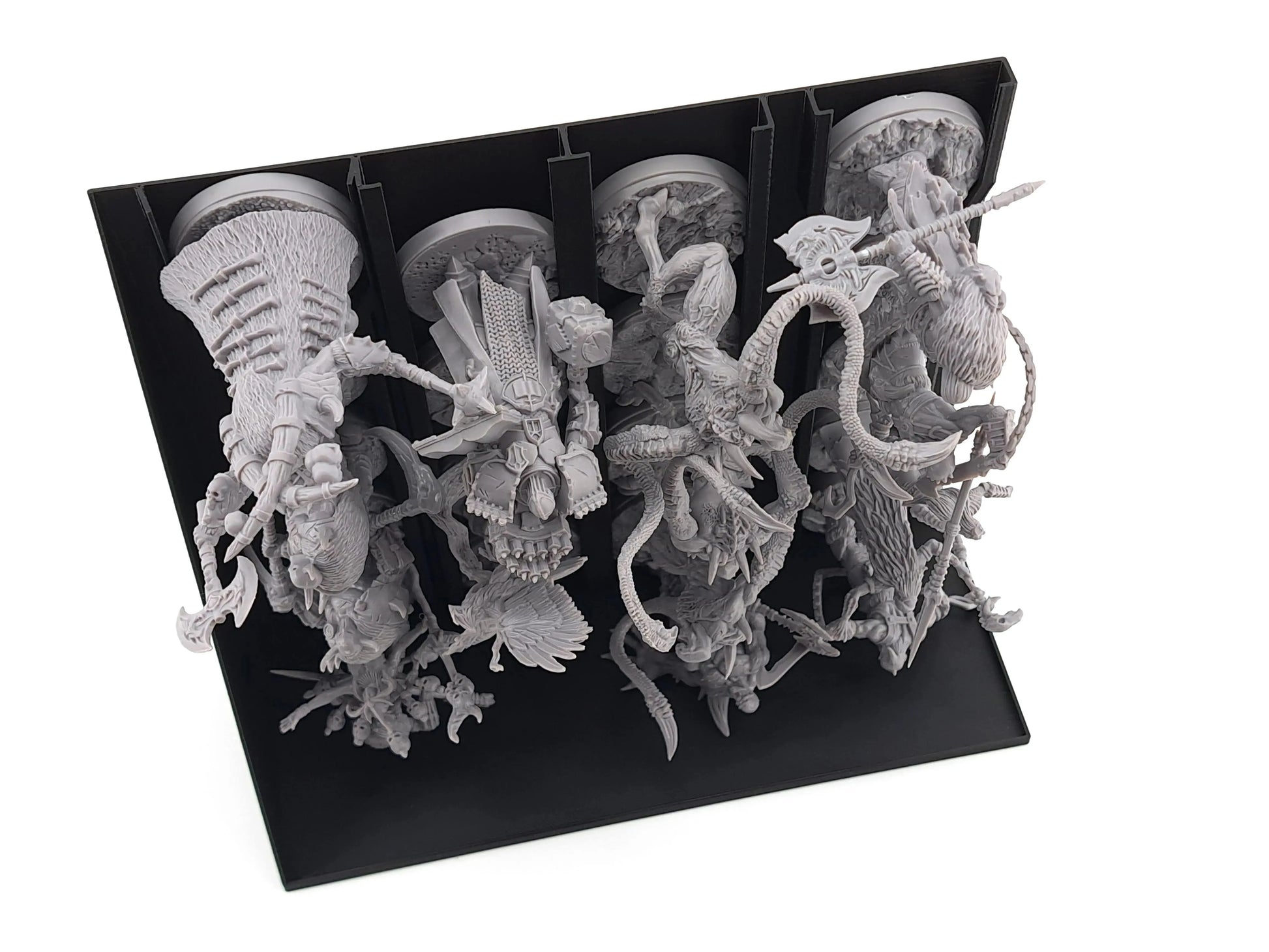 Black 3D-printed vertical miniature holder by Tinkering Paws, storing several large and highly detailed Oathsworn miniatures. Each grey figure stands securely in its own upright compartment, making this 3D-print insert a space-saving organiser upgrade for board games, expansions, minis, and accessories, offering fast set-up and easy clean-up.