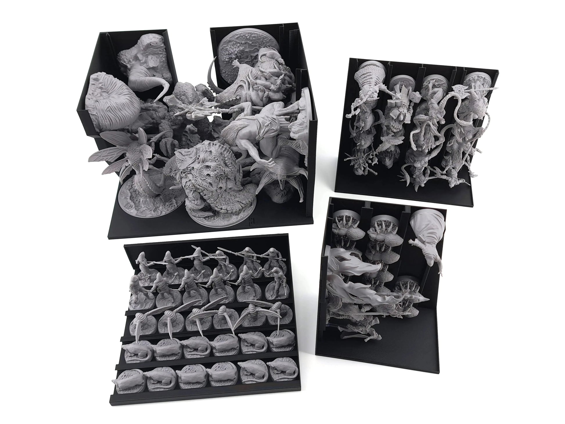 "Set of black 3D-printed miniature organiser trays by Tinkering Paws for the Oathsworn board game. The trays hold a variety of detailed grey miniatures, including large boss models, medium figures, and smaller units, each stored securely in individual upright or horizontal compartments. This 3D-print upgrade insert offers space-saving storage, fast set-up, easy clean-up, and a protective organiser solution for board-game expansions, minis, and accessories.