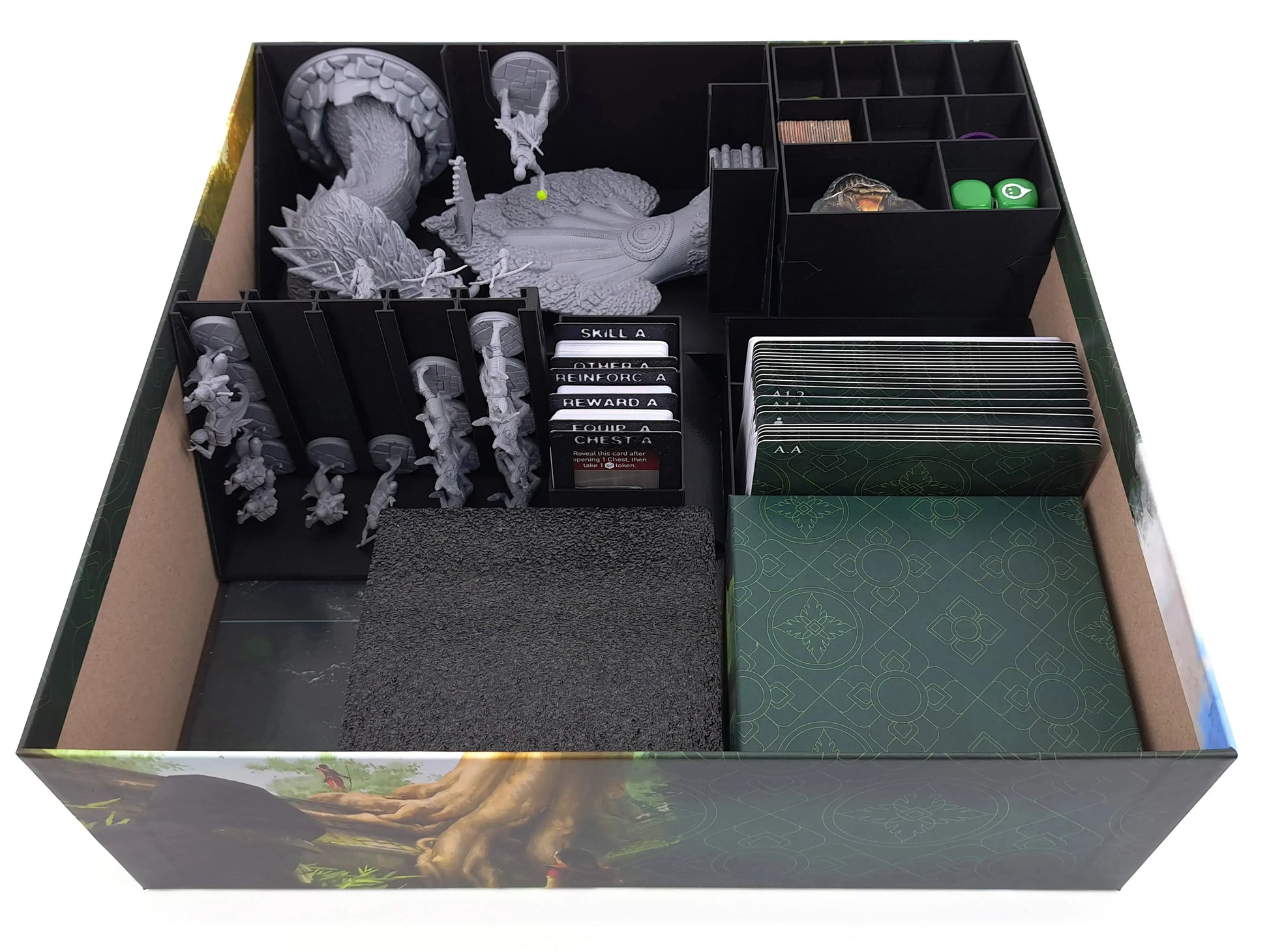 Assassin’s Creed Brotherhood of Venice board game insert by Tinkering Paws, complete in-box layout shown from top-down view, including miniature storage, card holders, tile storage, token trays and foam space, all components organized inside the original game box