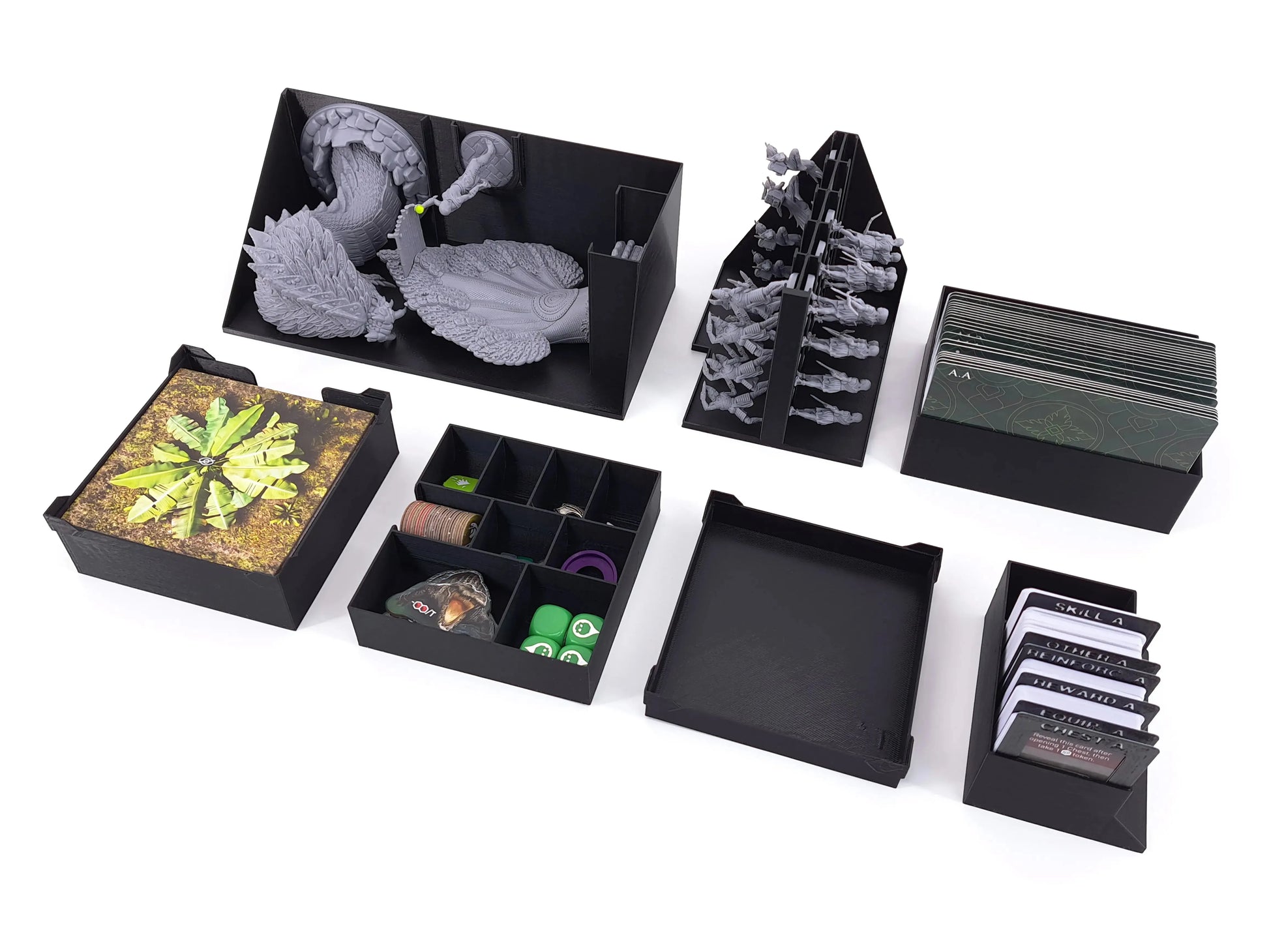 Printed board game insert for Assassin’s Creed Brotherhood of Venice by Tinkering Paws, showing assembled 3D printed storage trays with miniatures, cards, tiles and tokens placed inside, product demonstration image