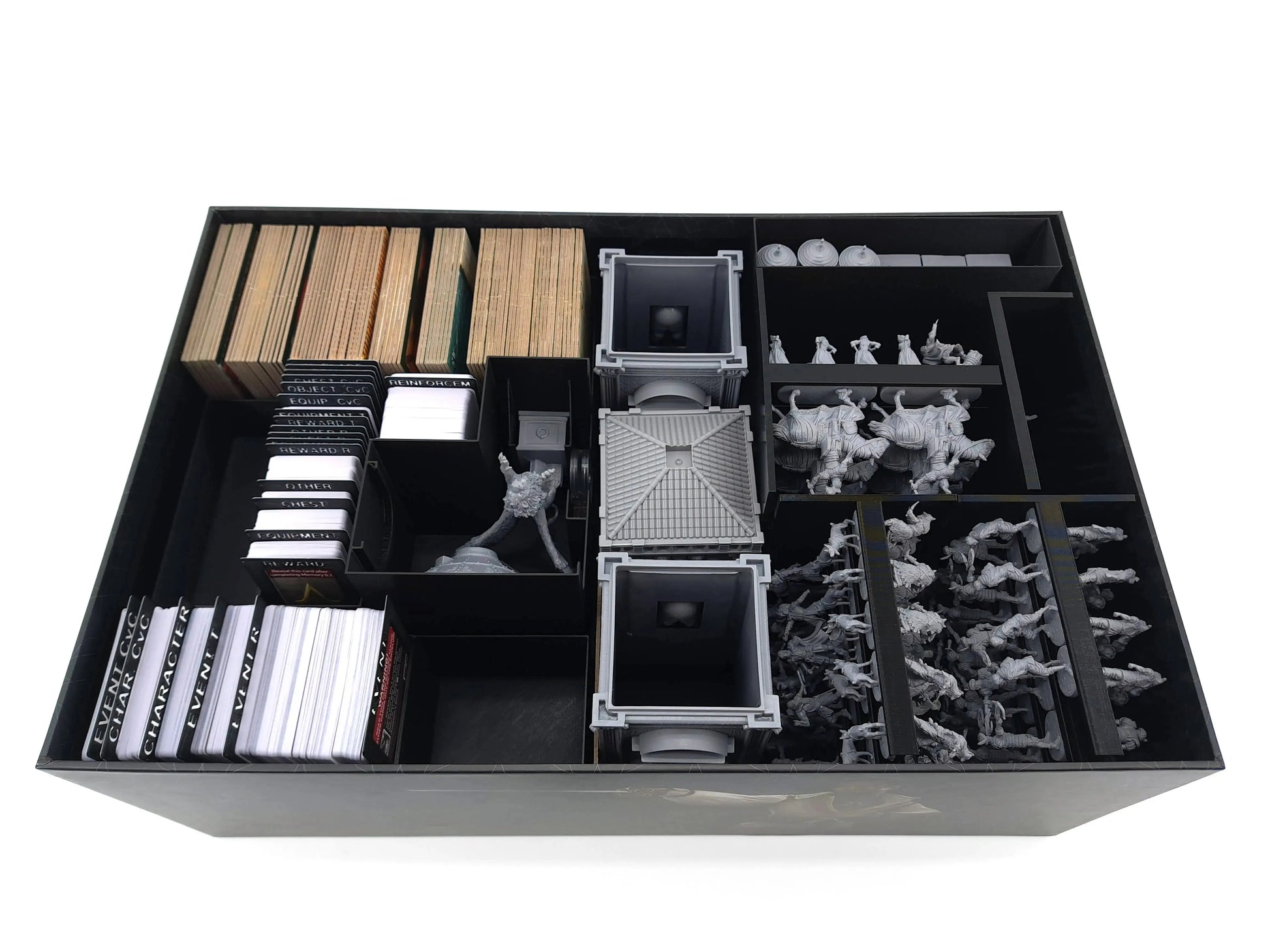 Digital STL files only for Assassin’s Creed Brotherhood of Venice board game insert by Tinkering Paws, complete box overview with all organizer modules installed, including miniatures storage, card holders, tile storage and token trays, space-saving 3D printed insert, no physical product included