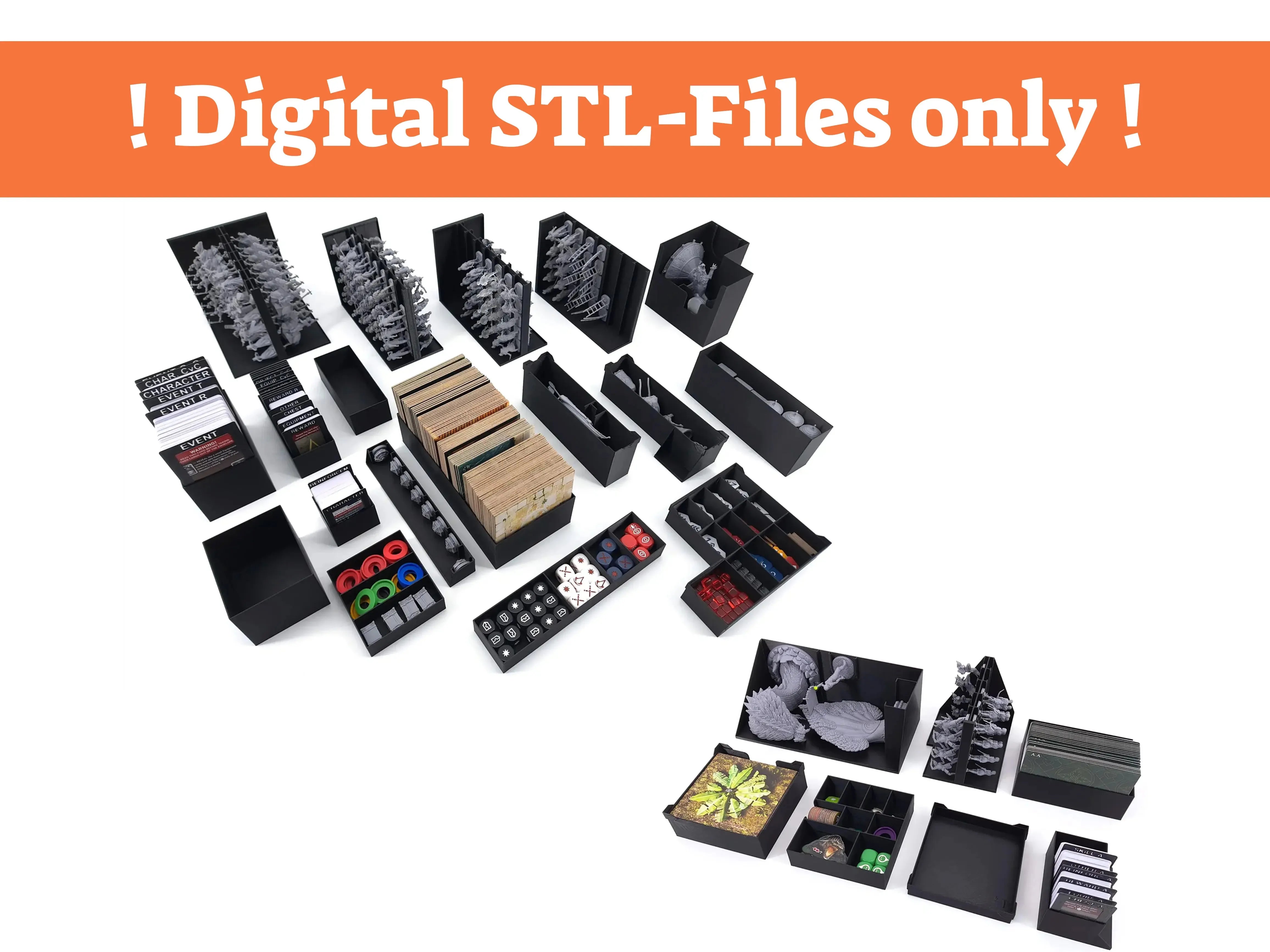 Digital STL files only for Assassin’s Creed Brotherhood of Venice board game insert by Tinkering Paws, complete overview of all 3D printed organizer modules including miniature holders, card holders, tile storage, token and dice trays, space-saving system, no physical product included