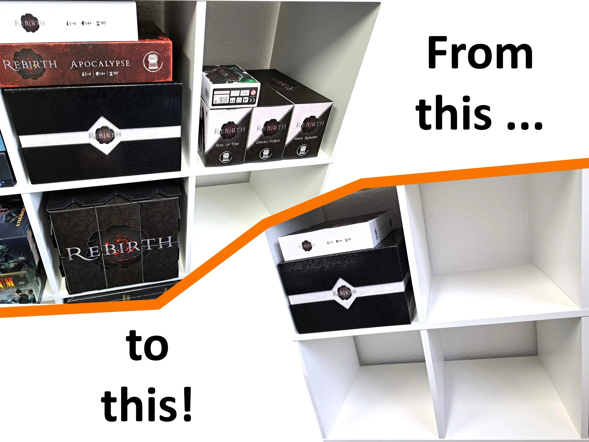 Before and after comparison of a board game shelf. Left side shows a cluttered shelf with multiple board game boxes stacked together. Right side shows the same shelf neatly organized with fewer visible boxes, demonstrating improved storage and organization using board game inserts by Tinkering Paws.