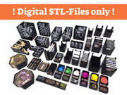 Overview of a modular 3D-printable board game insert system by Tinkering Paws, showing miniature holders, card holders, token trays, and component organizers. Digital STL files only, no physical items included.