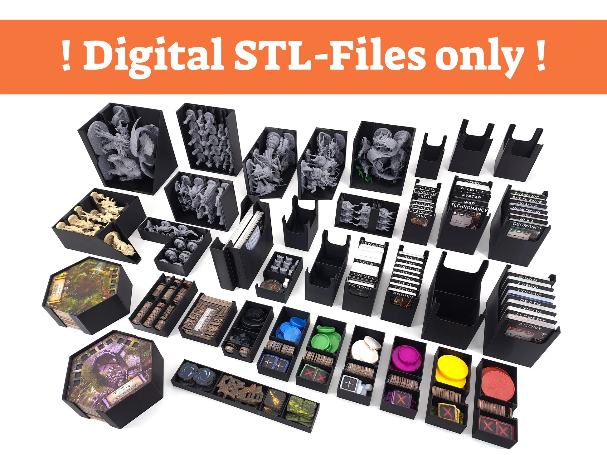 Overview of a modular 3D-printable board game insert system by Tinkering Paws, showing miniature holders, card holders, token trays, and component organizers. Digital STL files only, no physical items included.