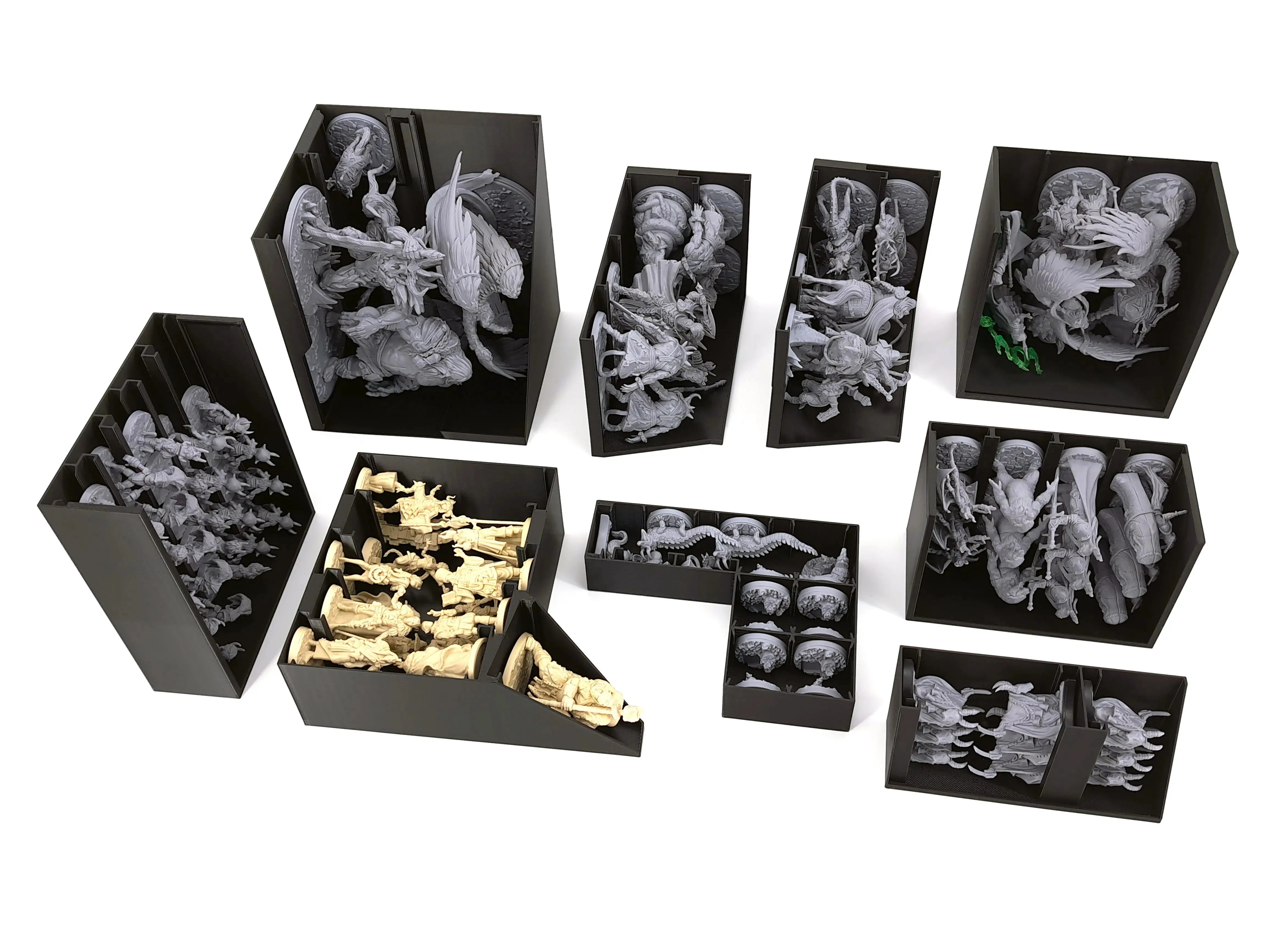 Black 3D printed board game miniature storage inserts holding various miniatures, shown as STL designs for digital download only.