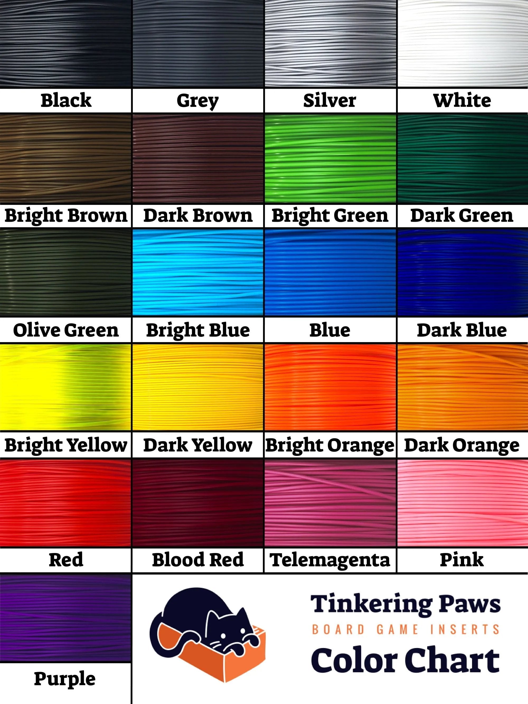 A colour chart from Tinkering Paws for board game inserts, showing 21 different colours of 3D printing filaments in which their organisers (miniature holders, card holders) are available. The chart is divided into five rows and shows yarn samples, each labelled with a white box and the corresponding colour name.