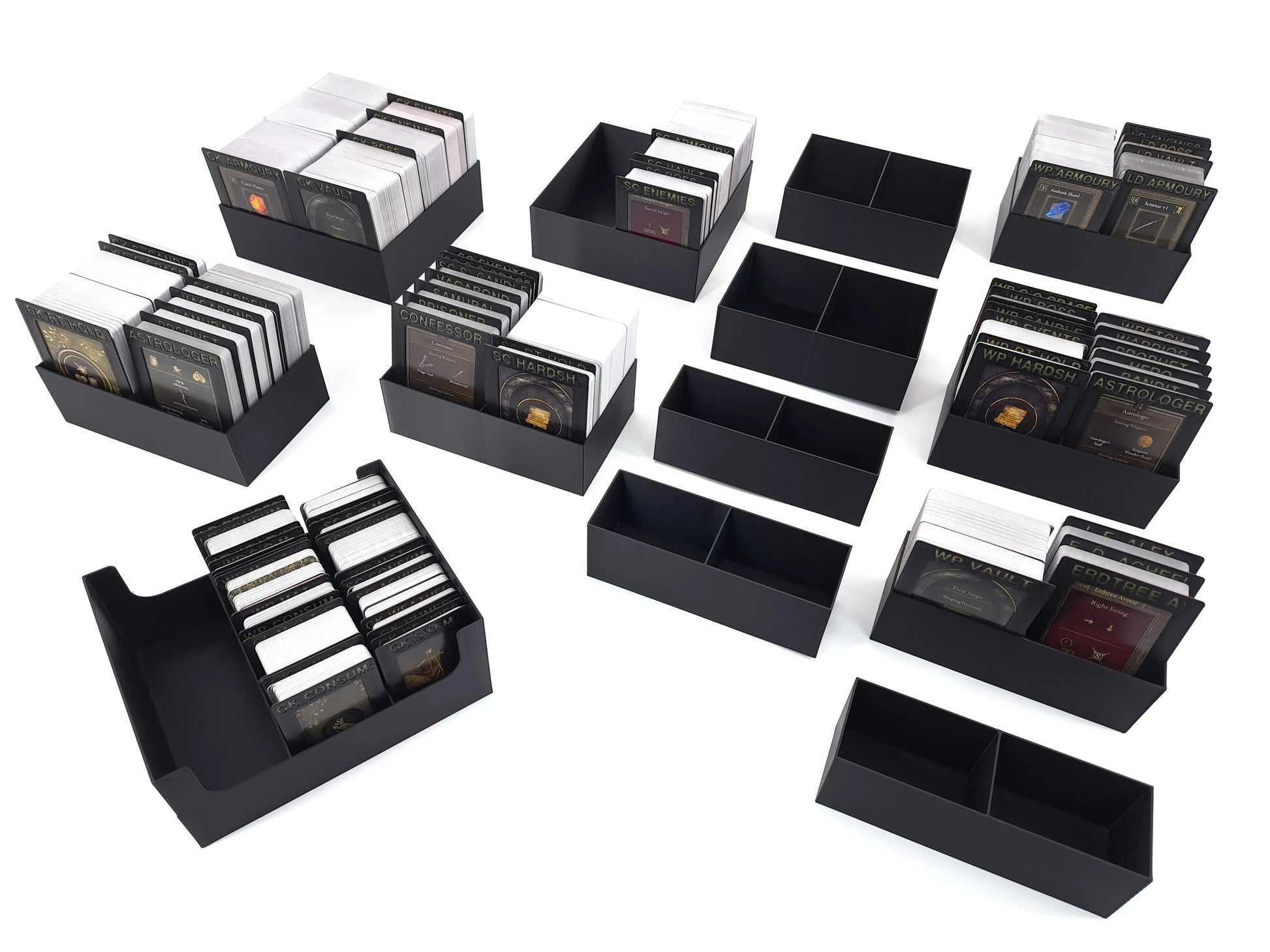 Multiple 3D-printed card holder inserts for the Elden Ring board game shown as digital STL files by Tinkering Paws. The image displays several black rectangular card trays in different configurations, some holding neatly stacked game cards and others shown empty. The card holders are designed to separate and organize various Elden Ring decks such as equipment, upgrades, enemies, and vault cards. These 3D printable board game inserts fit inside the Elden Ring board game box to improve setup speed, accessibil