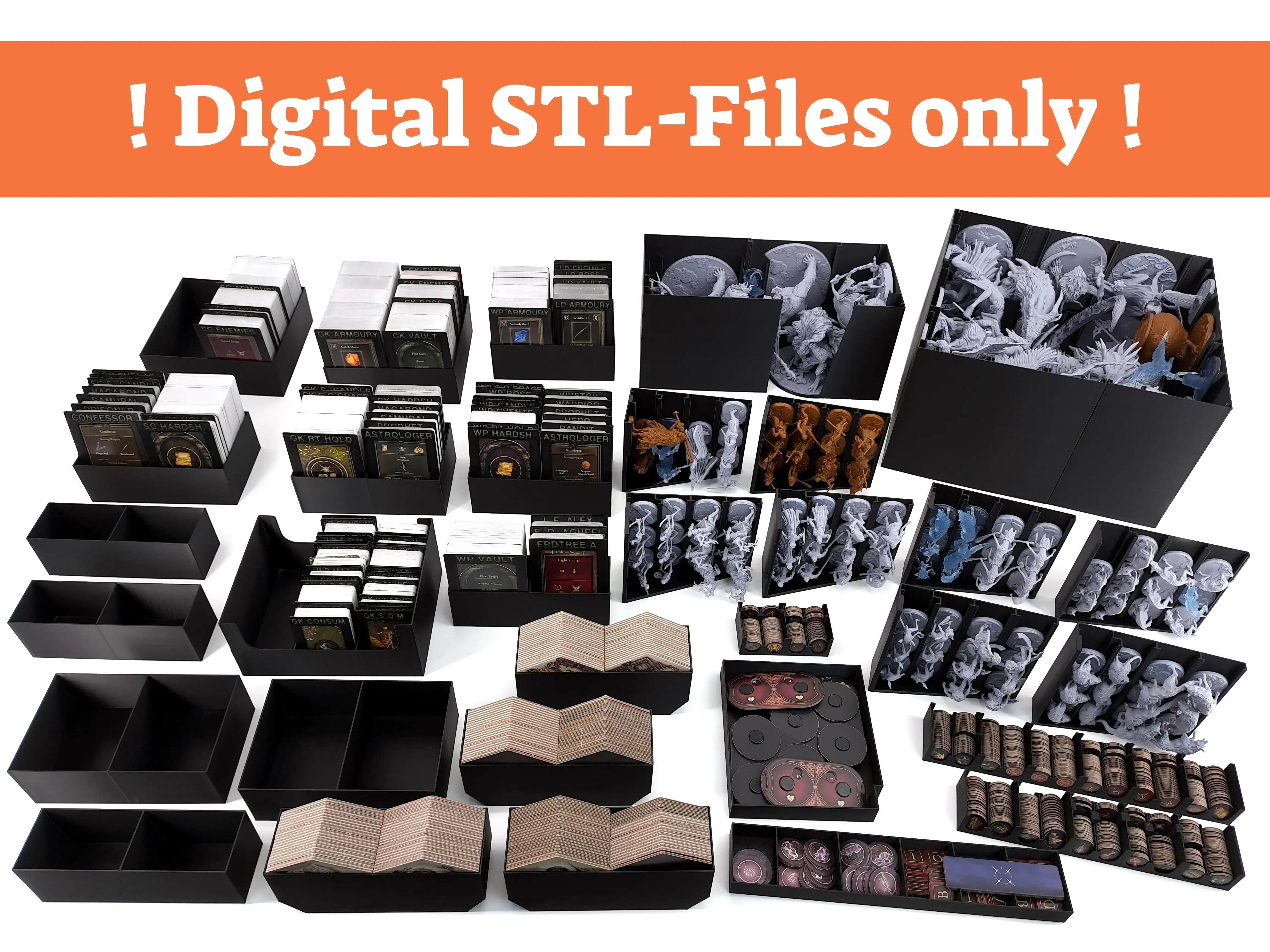 Complete overview of the Elden Ring board game insert as digital STL files by Tinkering Paws. The image shows a comprehensive set of black 3D-printed organizer designs arranged on a white background, including miniature storage trays, card holders, token organizers, dice trays, and component boxes. The insert system is designed to securely store large Elden Ring miniatures and all game components, improve setup time, and keep the game box neatly organized. An orange banner at the top clearly states “Digital