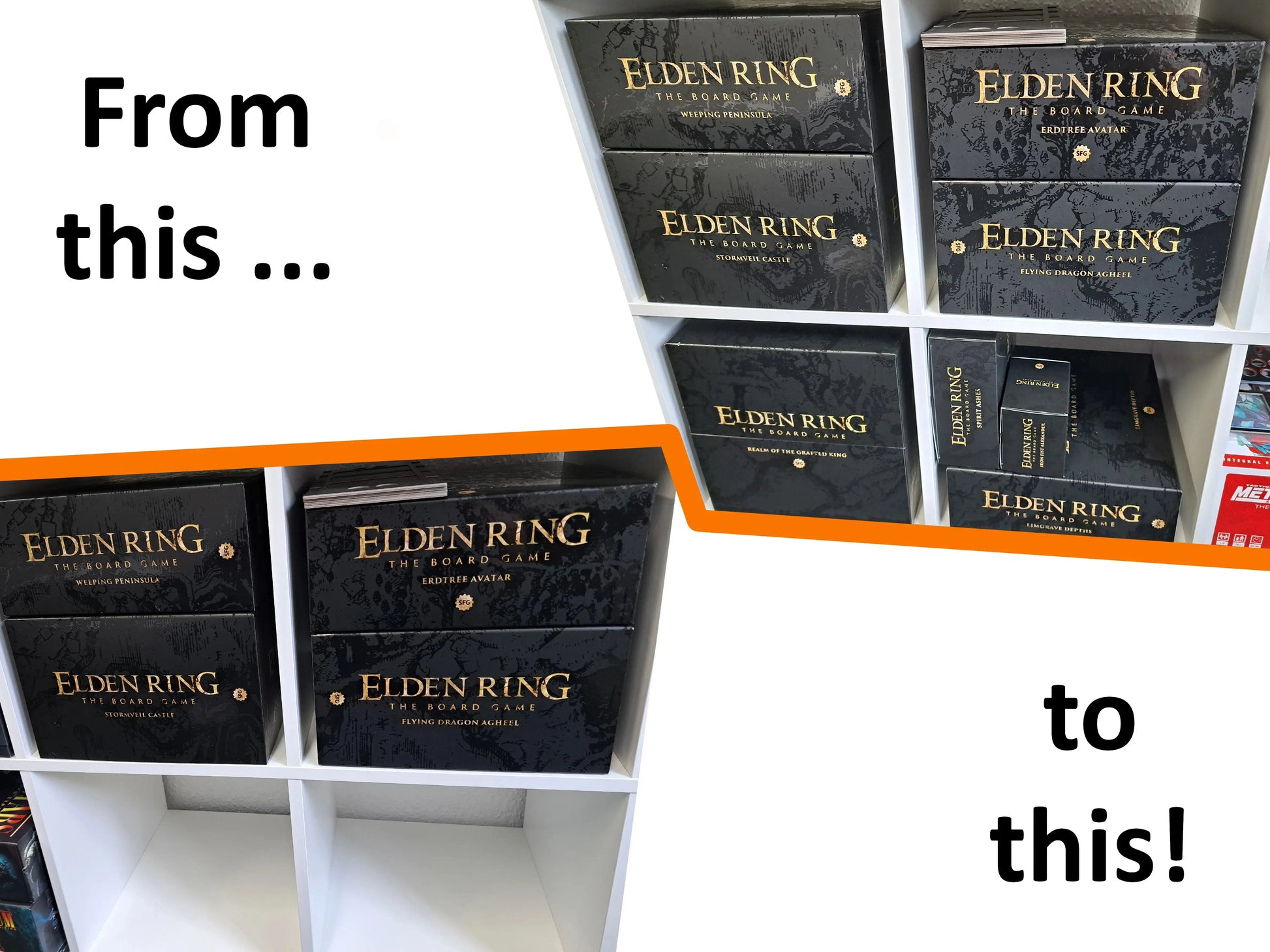 Before-and-after comparison of Elden Ring: The Board Game storage on a white shelving unit. On the left side, multiple large Elden Ring board game boxes are spread across several shelves. On the right side, the same game content is consolidated into fewer, neatly stacked boxes, demonstrating a space-saving storage solution. The image highlights how a board game organizer helps reduce shelf space and improve organization for Elden Ring board game collections.