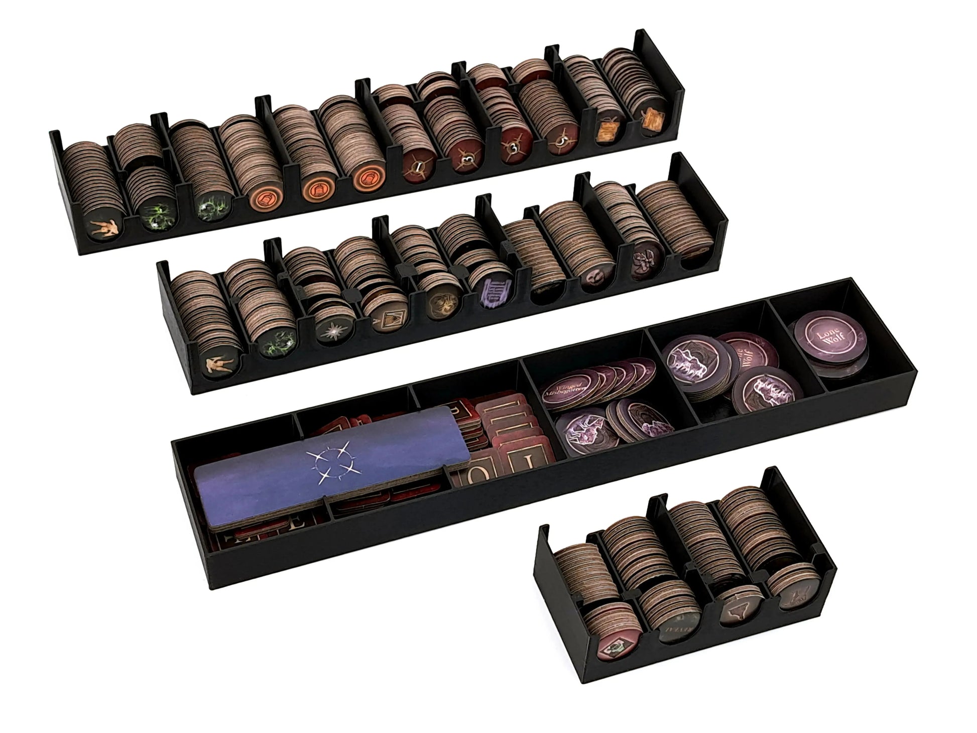 Token storage insert for the Elden Ring board game shown as digital STL files by Tinkering Paws. The image displays several black 3D-printed organizer trays arranged on a white background, each holding neatly stacked round cardboard tokens, coins, and game markers with different symbols. The system includes long and compact trays designed to separate and organize multiple token types, improving setup speed and in-game access. This is a 3D printable board game organizer intended to fit inside the Elden Ring 