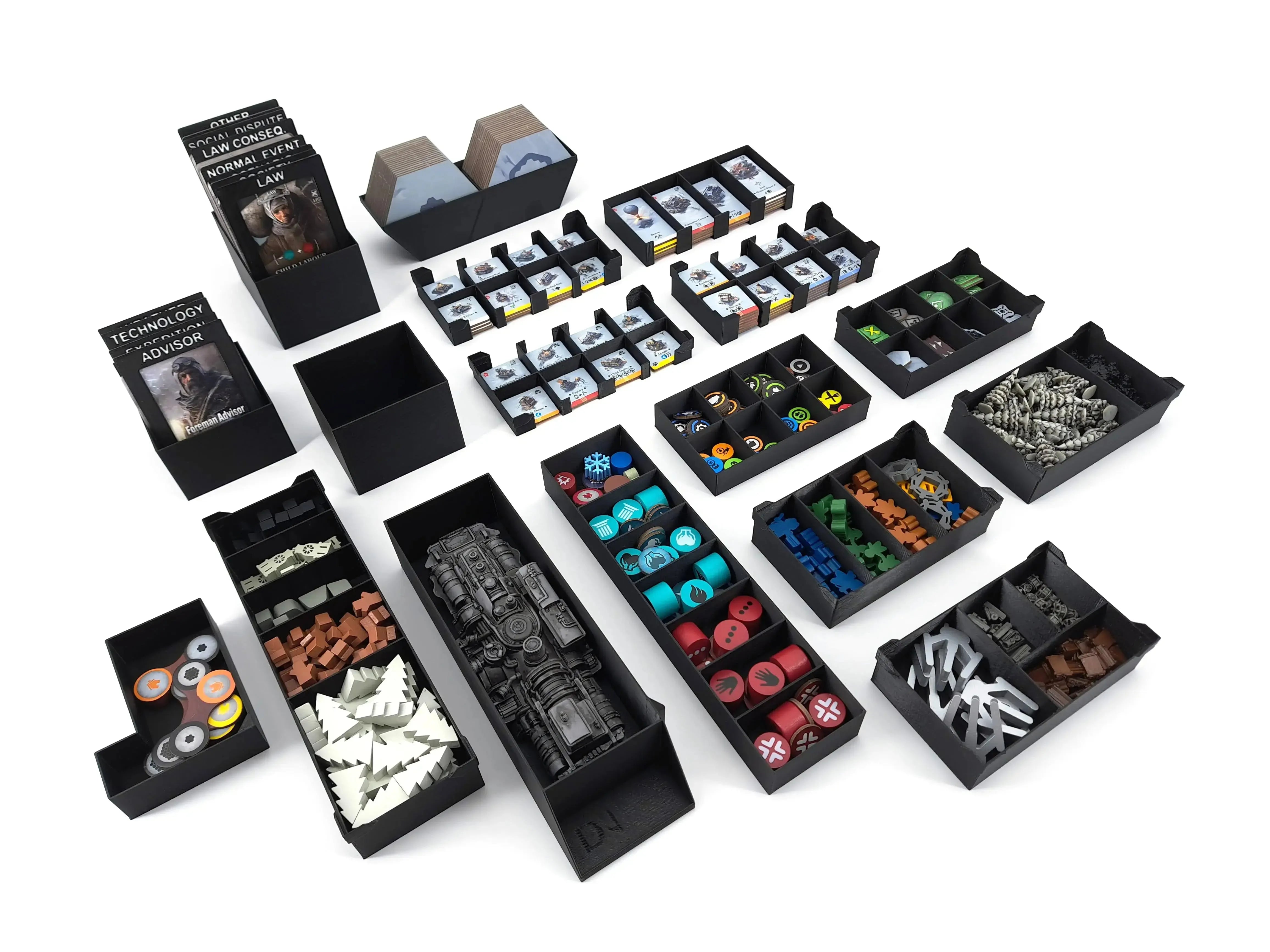 A comprehensive black modular organizer for Frostpunk: The Board Game, featuring specialized card storage for sleeved cards, vertical miniature trays, and multiple removable resource holders for tokens and game components on a white background.