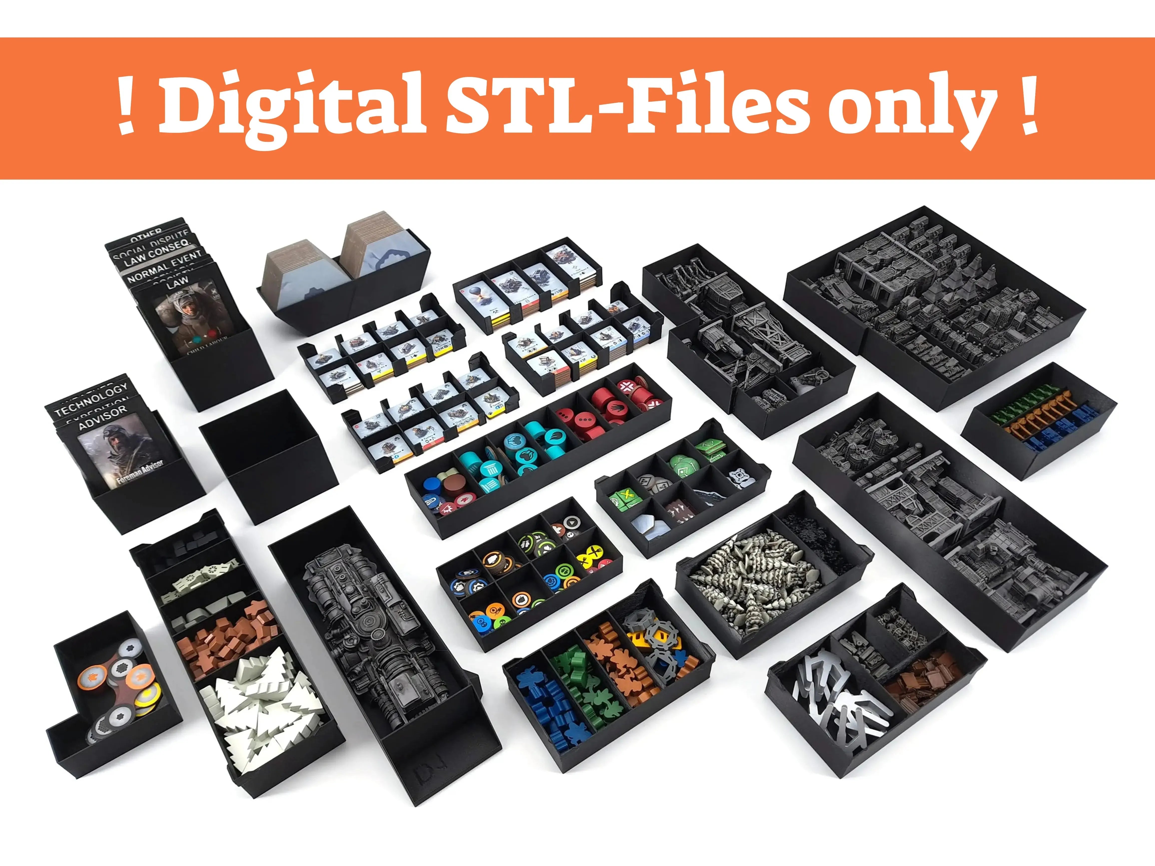 A comprehensive black modular organizer for Frostpunk: The Board Game, featuring specialized card storage for sleeved cards, vertical miniature trays, and multiple removable resource holders for tokens and game components on a white background.