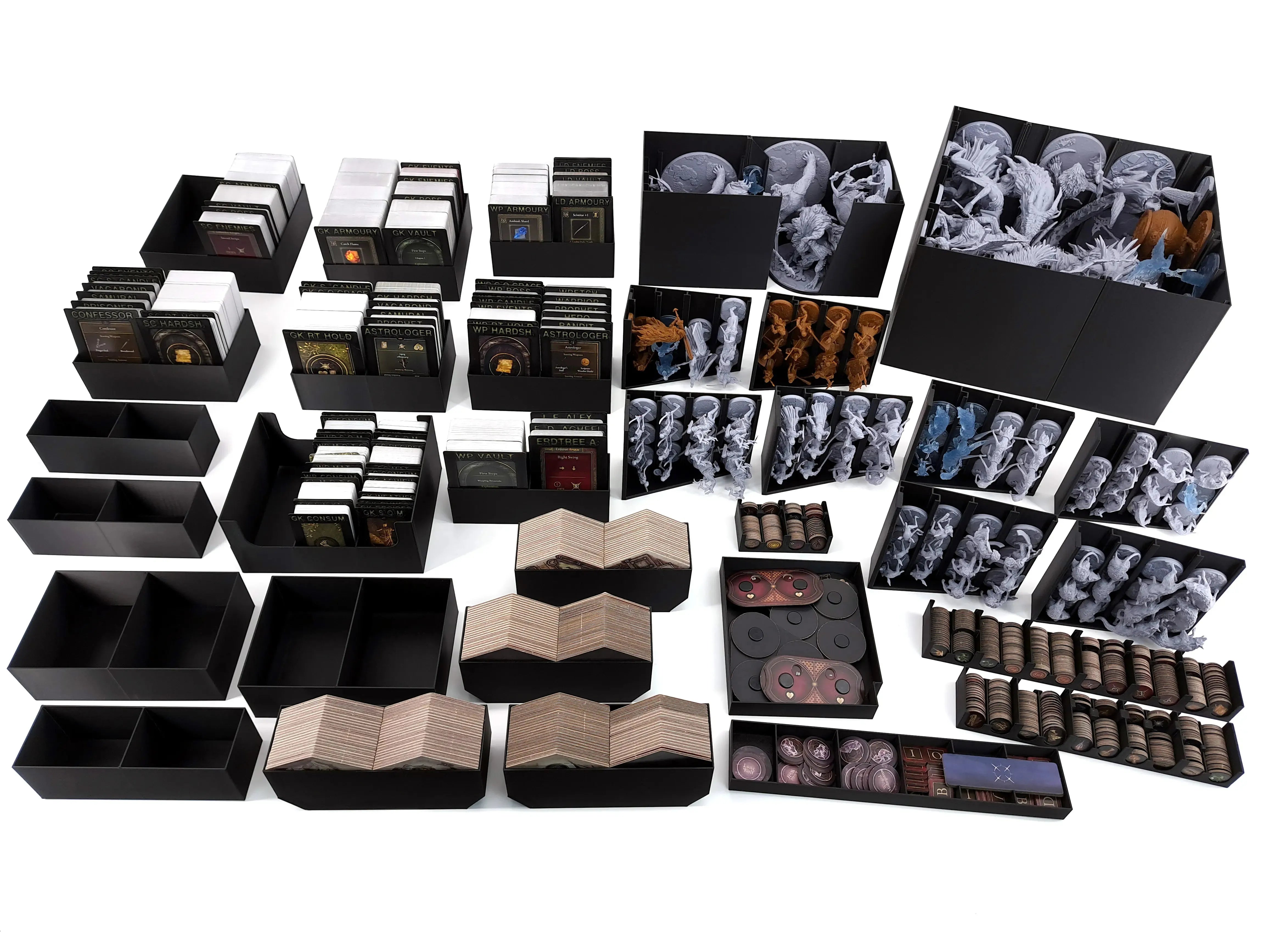 Comprehensive black modular organizer for Elden Ring: The Board Game featuring custom trays for miniatures, card storage boxes for sleeved cards, and token holders on a white background.