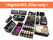 A complete black 3D-printed board game insert for Middara Unintentional Malum Act 1, featuring various trays for miniatures, card holders with dividers, token trays, and character sheet storage.