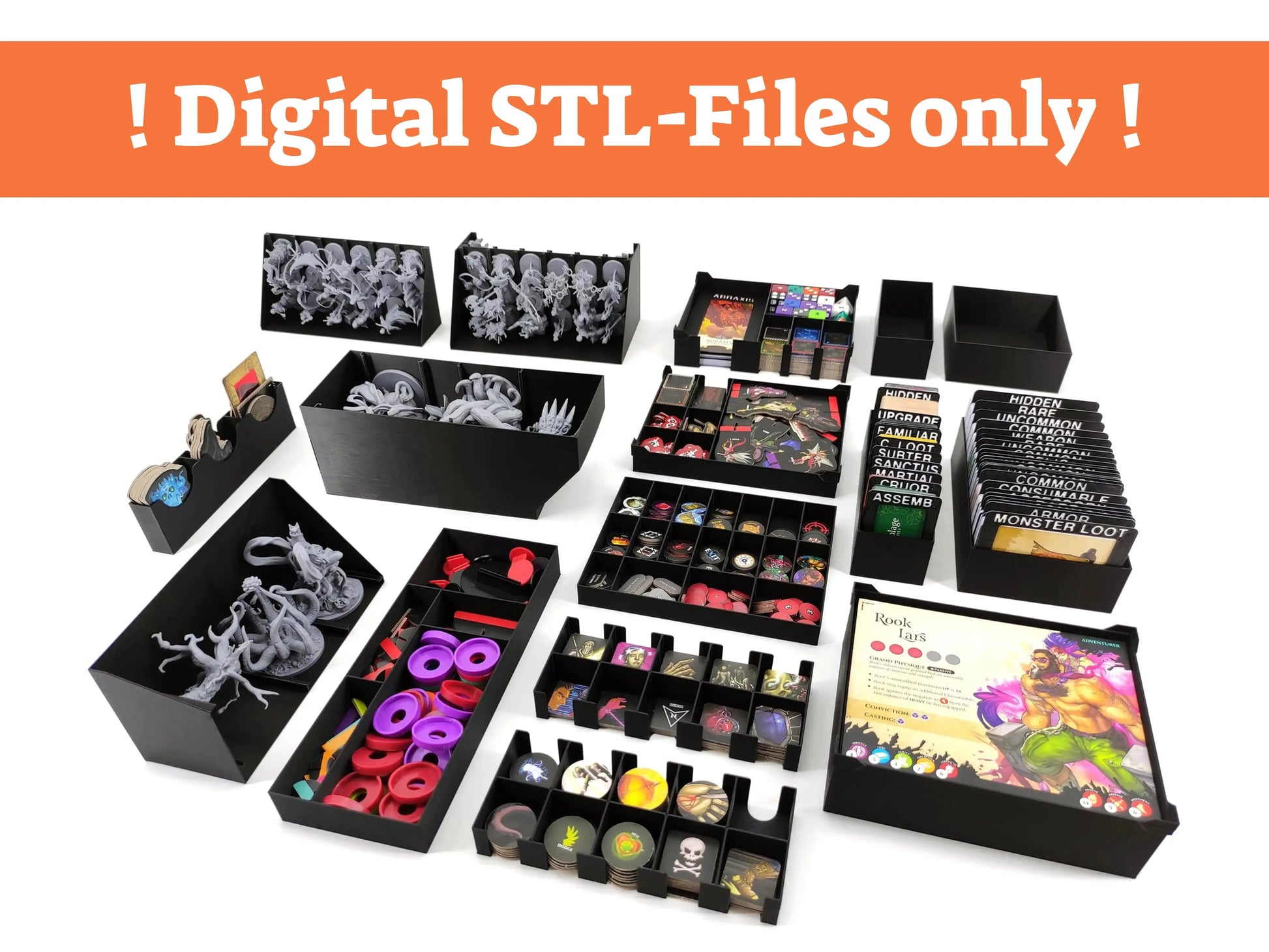 A complete black 3D-printed board game insert for Middara Unintentional Malum Act 1, featuring various trays for miniatures, card holders with dividers, token trays, and character sheet storage.