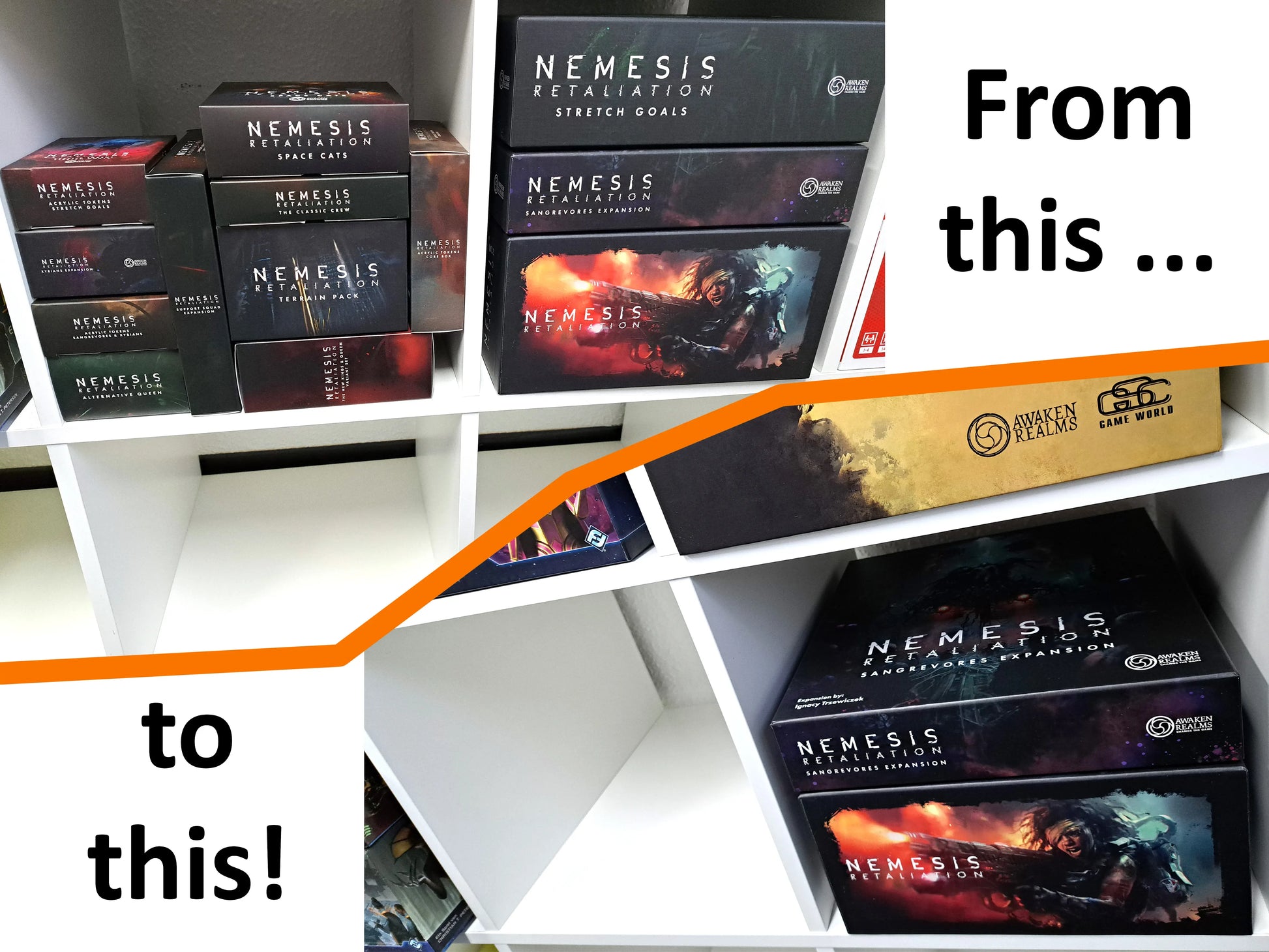 Vorher-Nachher-Vergleich der Nemesis-Brettspielboxen: Oben viele einzelne Erweiterungen, unten rechts alles platzsparend organisiert in 2 Boxen verstaut. Eine einfache Lösung von Tinkering Paws für Board Game Inserts.