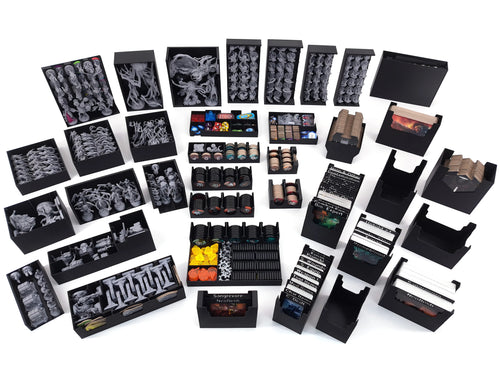 Vollständiges Set an 3D-gedruckten Insert-Modulen für das Brettspiel Nemesis: zahlreiche Organizer-Trays für Minis, Karten, Token, Marker und Ressourcen, übersichtlich angeordnet. Die platzsparenden Aufbewahrungsboxen ermöglichen schnellen Aufbau, einfachen Abbau und organisierte Lagerung