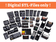 Große Übersicht aller 3D-gedruckten Insert-Module für das Brettspiel Nemesis: Miniaturenhalter, Kartenorganizer, Token-Trays und Aufbewahrungsboxen in schwarzem Design, sauber angeordnet. Oberhalb steht der Hinweis ‚Digital STL-Files only‘, da es sich ausschließlich um digitale Druckdateien handelt.