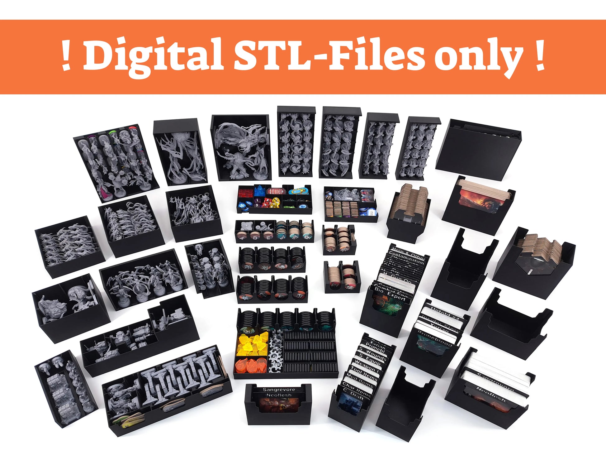 Große Übersicht aller 3D-gedruckten Insert-Module für das Brettspiel Nemesis: Miniaturenhalter, Kartenorganizer, Token-Trays und Aufbewahrungsboxen in schwarzem Design, sauber angeordnet. Oberhalb steht der Hinweis ‚Digital STL-Files only‘, da es sich ausschließlich um digitale Druckdateien handelt.