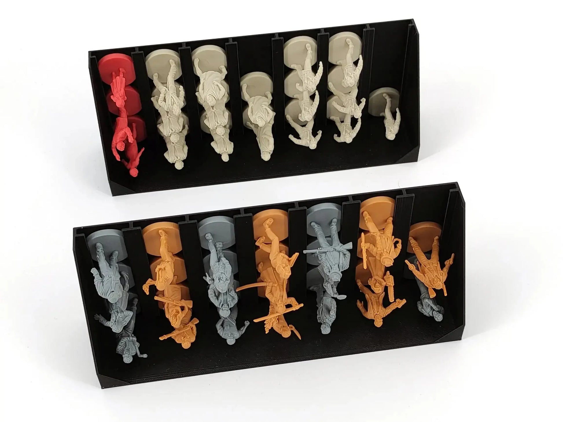 A complete 3D-printed board game insert for Night of the Living Dead, showing multiple black trays filled with character miniatures, colorful tokens, dice, and game cards.