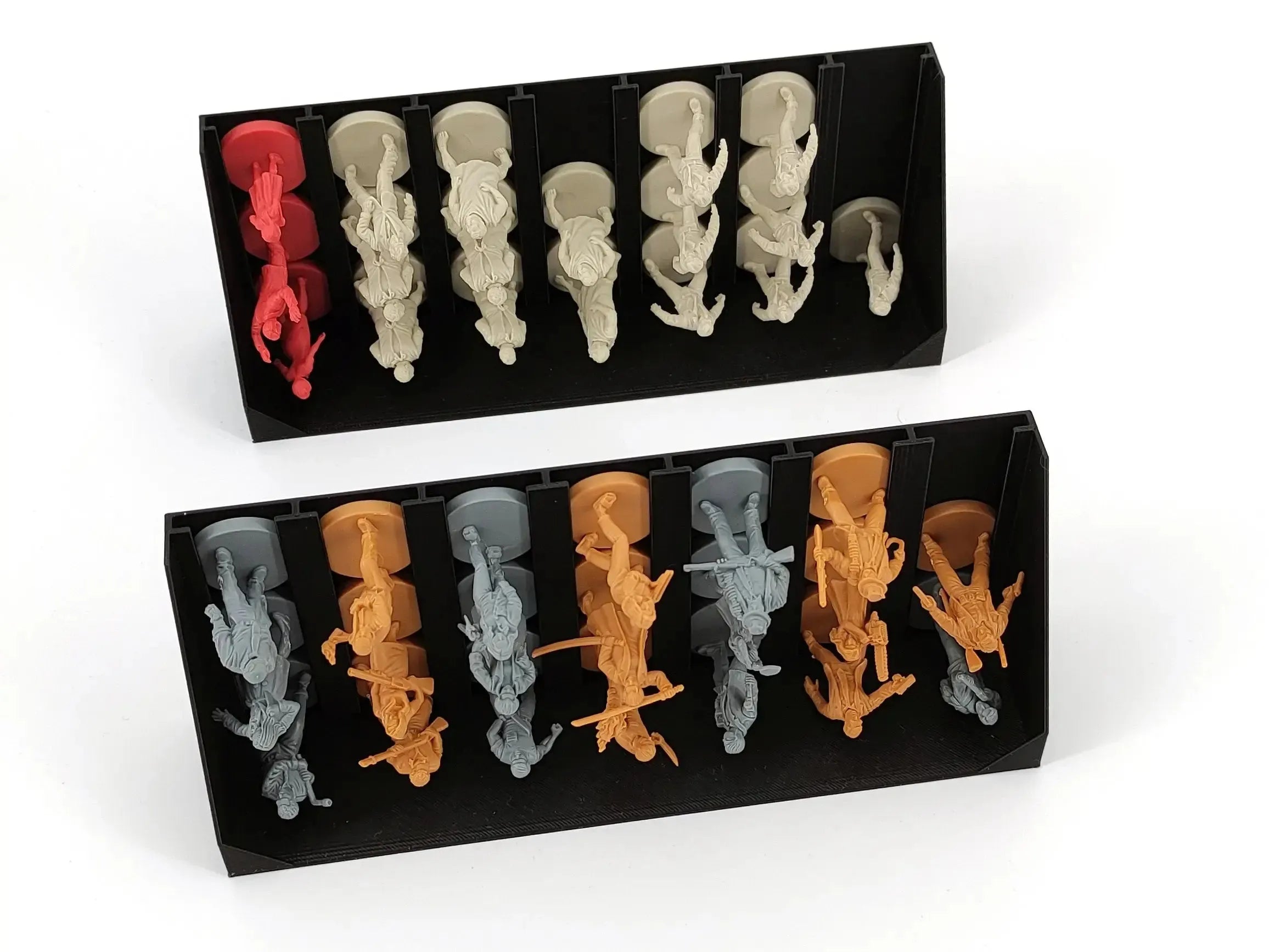 A complete 3D-printed board game insert for Night of the Living Dead, showing multiple black trays filled with character miniatures, colorful tokens, dice, and game cards.