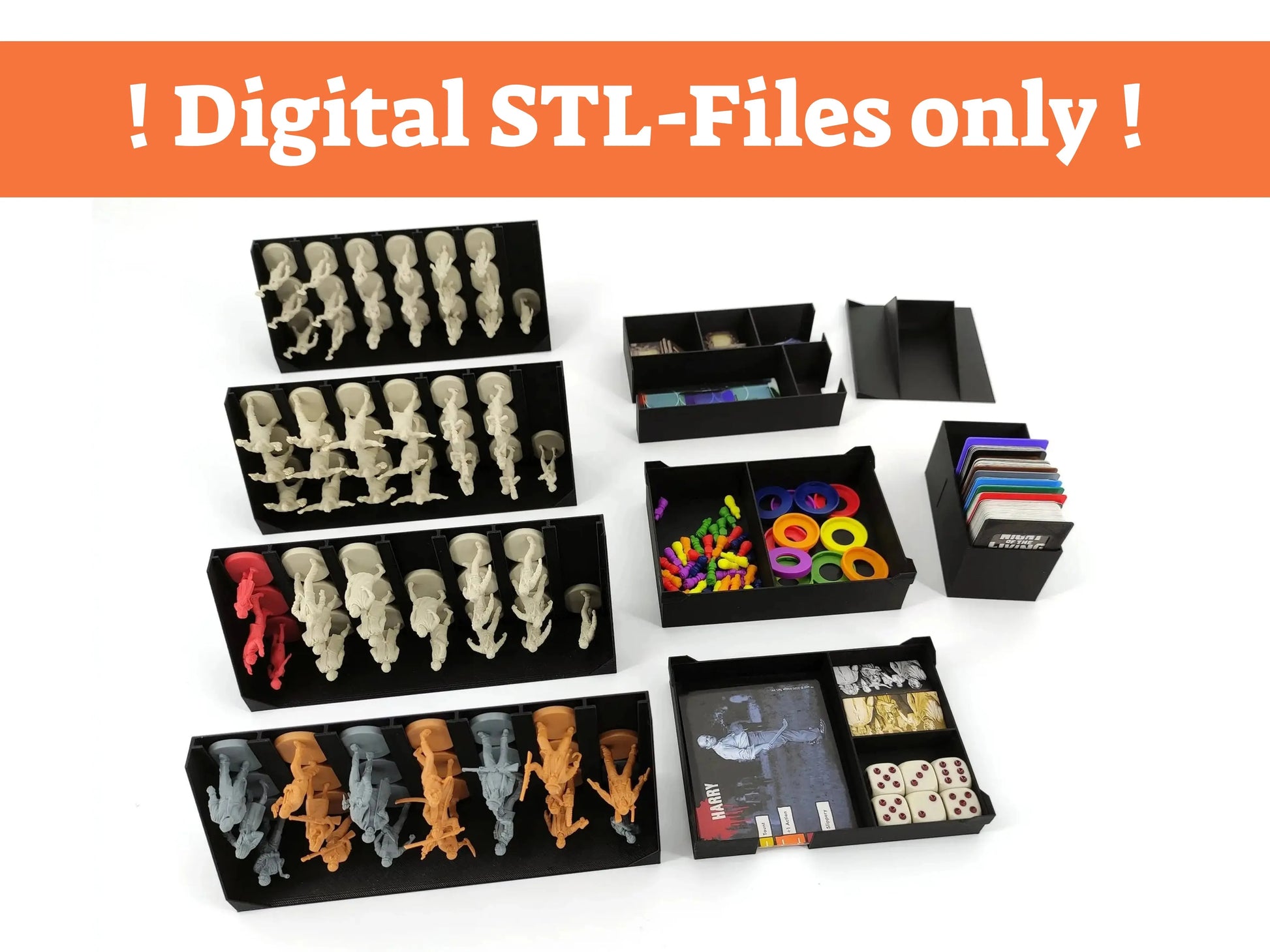 op-down view of a massive black modular organizer for Night of the Living Dead  The Board Game, featuring numerous card storage boxes with dividers, specialized miniature trays, and dedicated compartments for tokens and game components.3D printable STL files