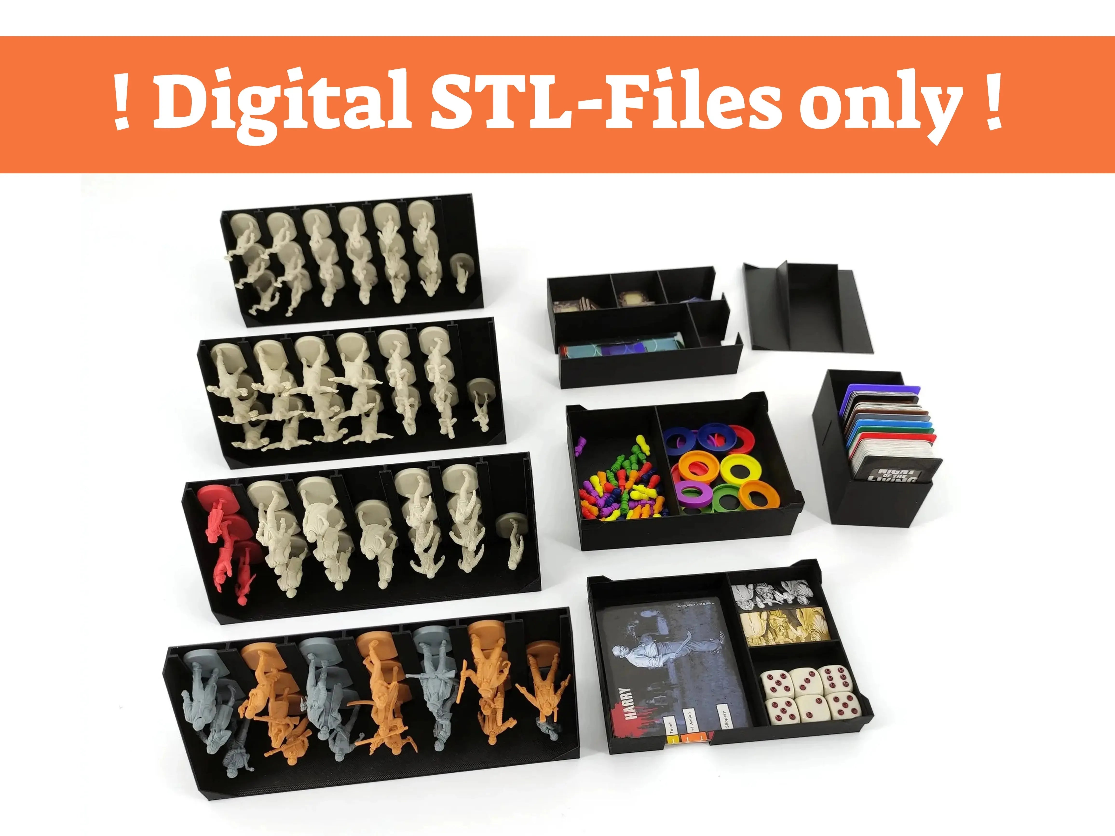 op-down view of a massive black modular organizer for Night of the Living Dead  The Board Game, featuring numerous card storage boxes with dividers, specialized miniature trays, and dedicated compartments for tokens and game components.3D printable STL files