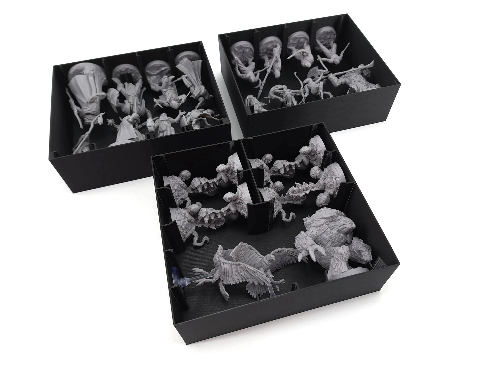 3D-printed Oathsworn miniature holder trays by Tinkering Paws, used as a board-game insert for fast set-up, no assembly, space-saving storage, and organised mini protection. Ideal upgrade accessory for expansions, cards, and miniatures.