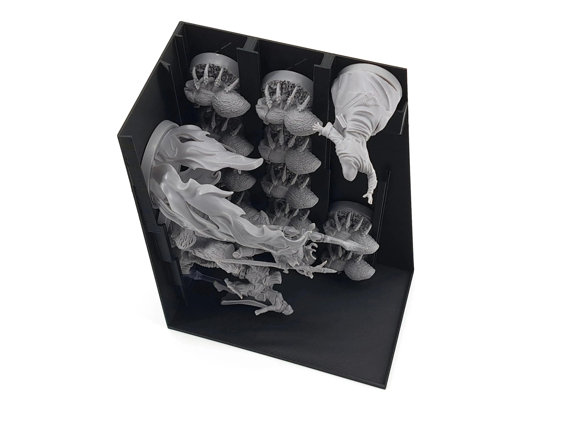 Black 3D-printed vertical miniature organiser by Tinkering Paws holding several detailed Oathsworn figures. The grey miniatures stand upright in separate compartments, including a flowing, dynamic model and multiple mushroom-like creatures. This 3D-print insert upgrade offers space-saving storage, fast set-up, easy clean-up, and secure organisation for board-game minis and expansions.