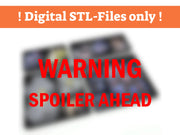 A graphic showing a collection of keywords and tags presented as individual grey, rounded buttons. The tags are multilingual (German and English) and describe items related to board game storage, upgrades, and 3D printing files. 