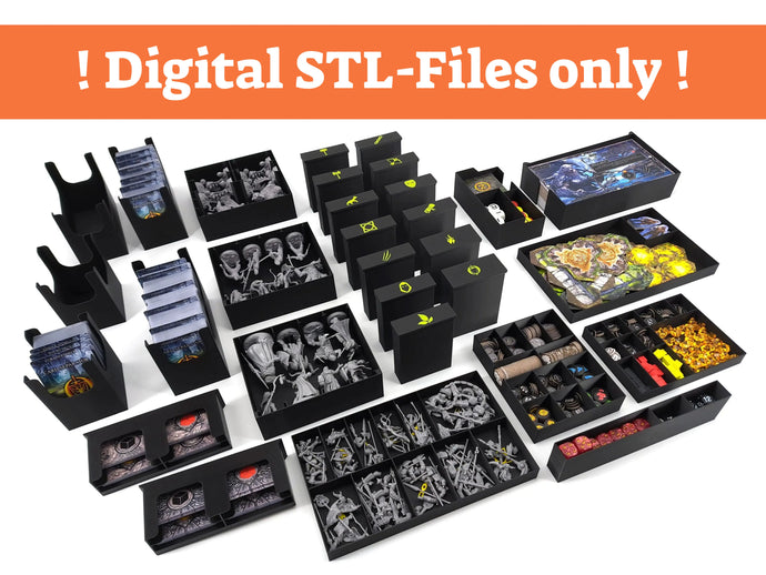 Image showing a full collection of 3D-printed black storage trays and organizers for a board game. The trays hold miniatures, tokens, cards, dice, and map tiles, all neatly arranged. At the top of the image, an orange banner reads ‘Digital STL-Files only,’ indicating that the product consists of downloadable 3D print files rather than physical items.