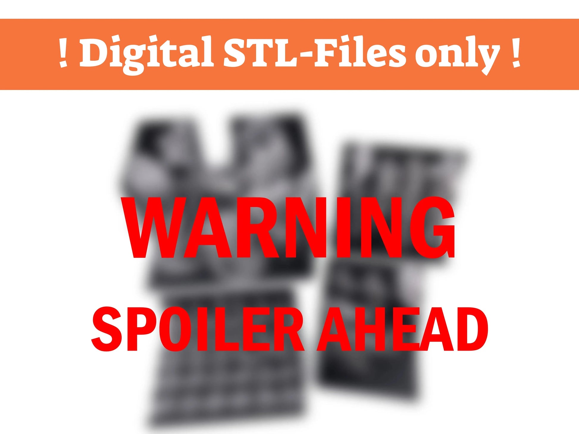 Warning graphic for Oathsworn STL-file product by Tinkering Paws. The image features a large red ‘WARNING – SPOILER AHEAD’ message over a blurred background of game components, with an orange banner at the top stating ‘Digital STL-Files only.’ Used to alert customers to spoiler content in this 3D-print board-game upgrade.