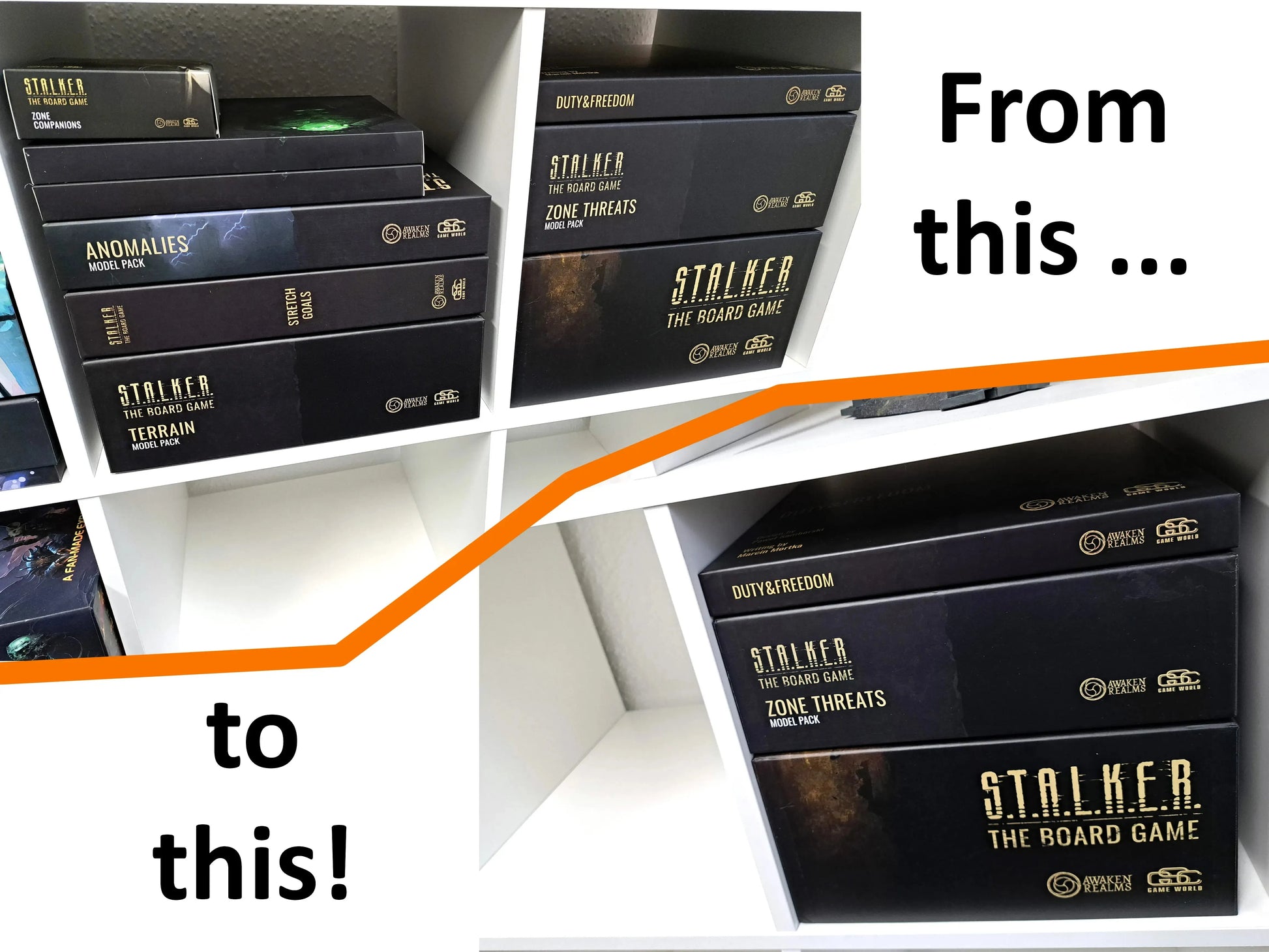 Before-and-after comparison demonstrating the significant space-saving benefit of the STALKER: The Board Game Organizer. Many separate expansion boxes are stored in the main box thanks to the insert.