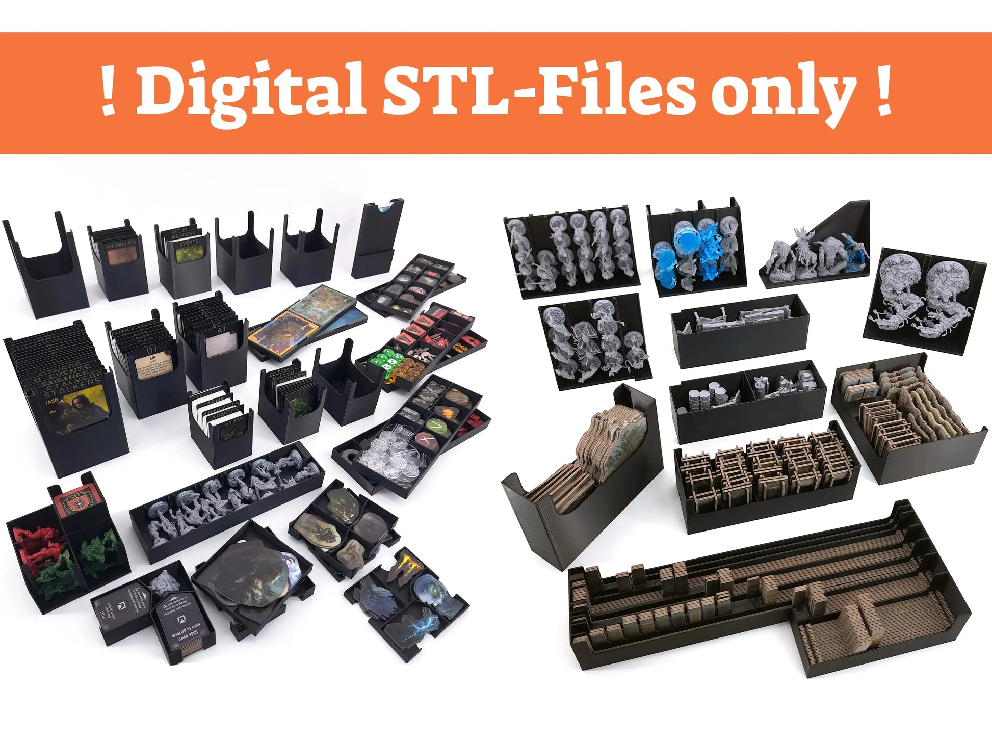 Detailed view of the STALKER Board Game Insert and Organizer. All individual, removable trays for tokens, sleeved cards, miniature holders, and game components are neatly arranged on a white background.