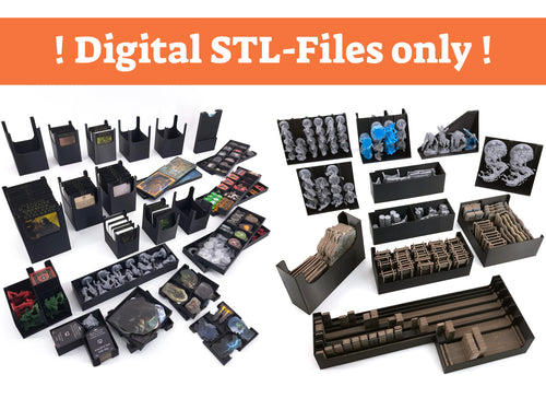 Detailed view of the STALKER Board Game Insert and Organizer. All individual, removable trays for tokens, sleeved cards, miniature holders, and game components are neatly arranged on a white background.