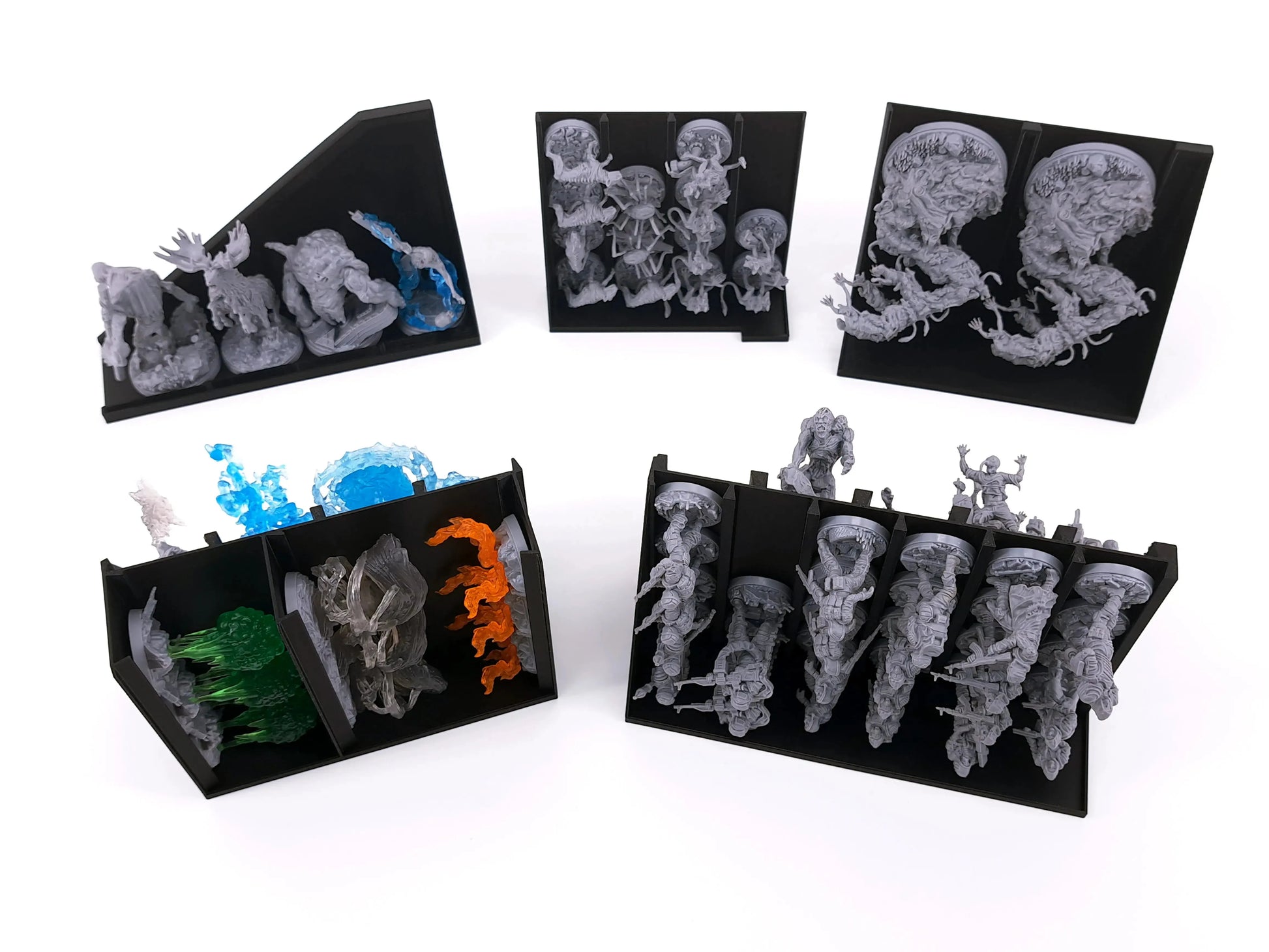 Dedicated miniature storage trays from the STALKER: The Board Game Insert, safely holding the large Anomalies miniatures and character figures from the expansions.