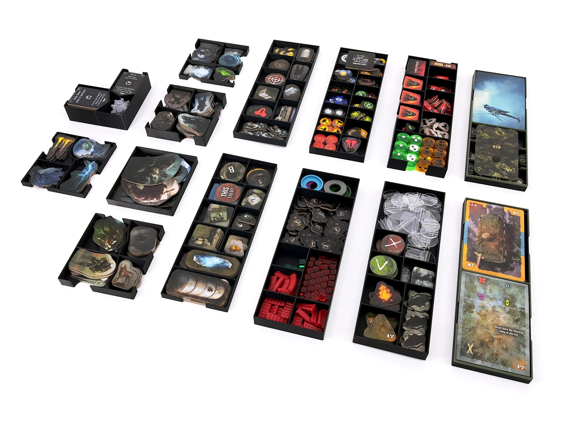 Detailed view of the STALKER Board Game Insert and Organizer, all individual, removable trays for tokens, sleeved cards, miniature holders, and game components separately presented on a white background.