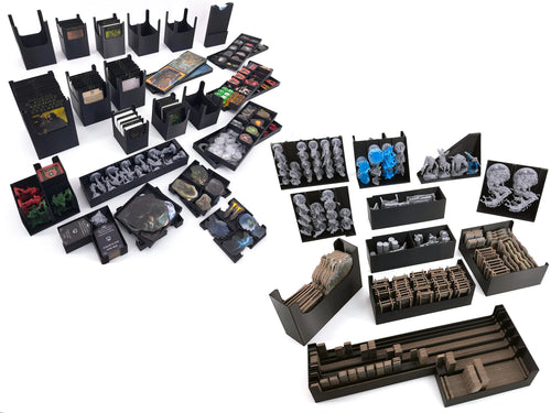 Comprehensive overview of all 3D Printed modular trays for the STALKER: The Board Game Organizer, showing dedicated holders for sleeved cards, miniatures, and all game components.