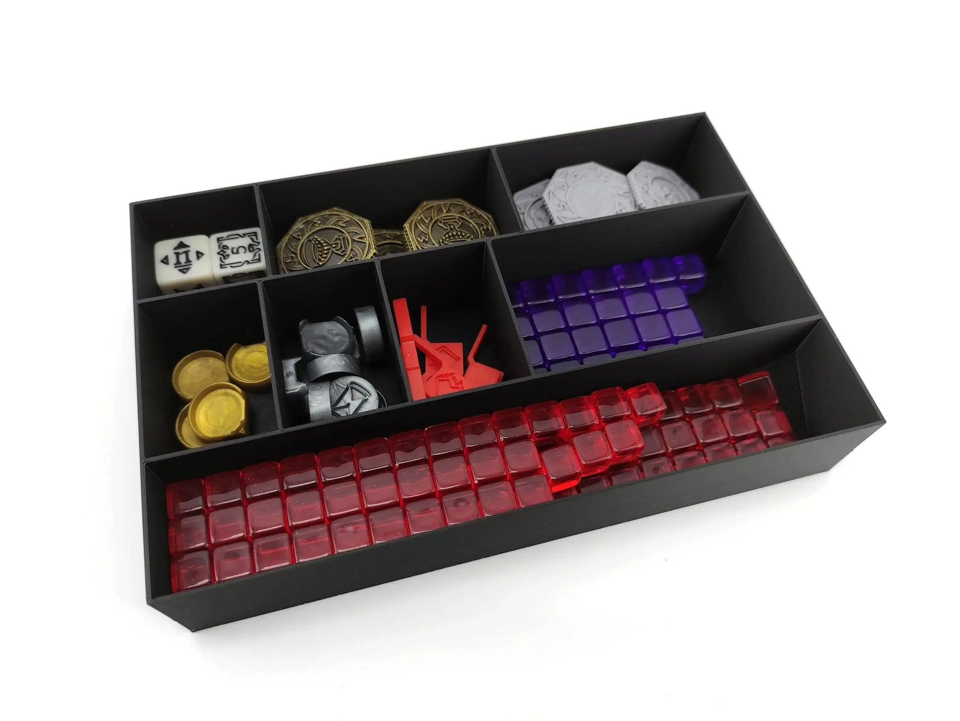 Tainted Grail token and resource organizer insert by Tinkering Paws, 3D printed board game inlay with space-saving compartments for tokens, dice, cubes and accessories, fast setup, no assembly, easy clean-up