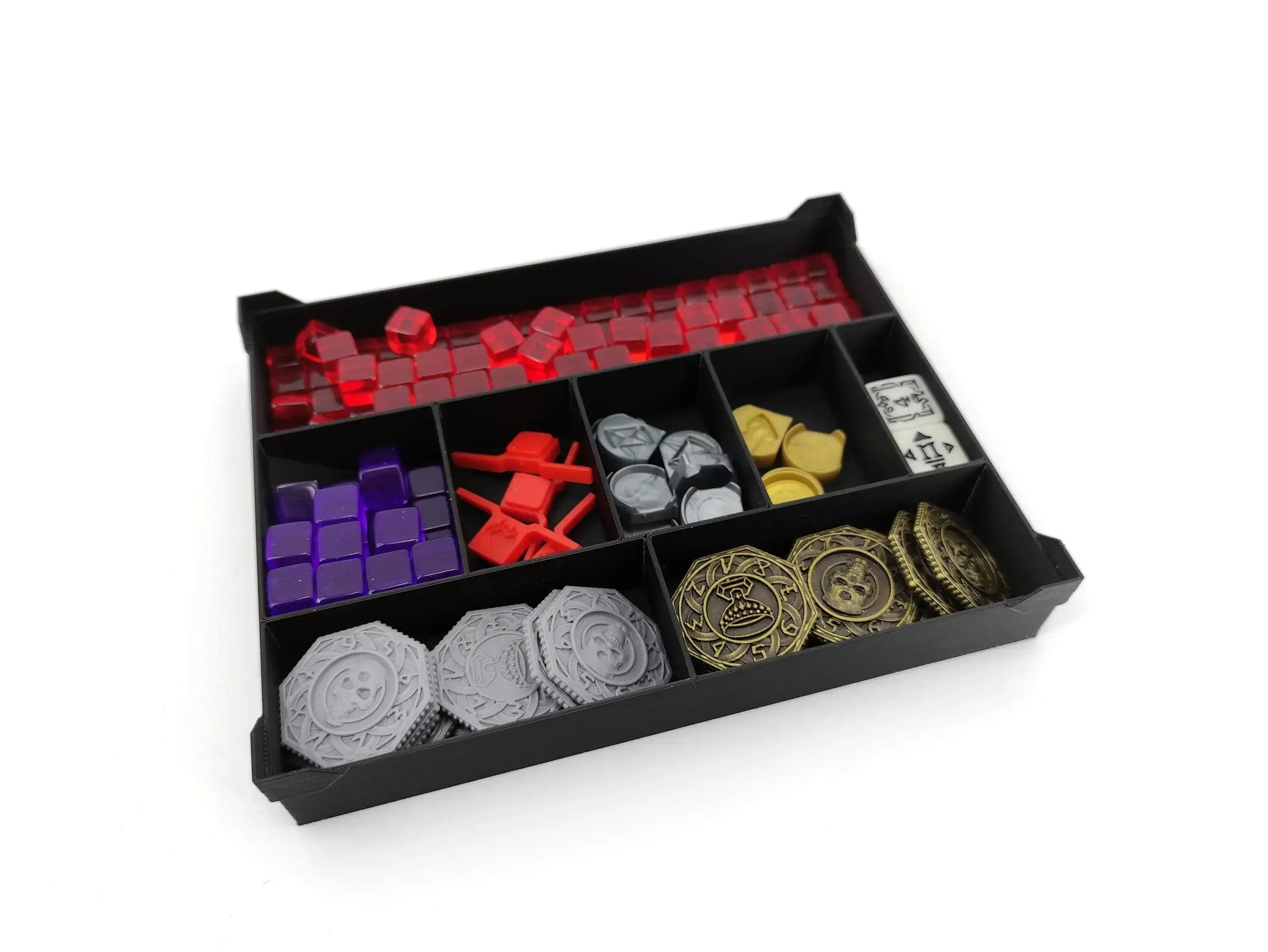 Tainted Grail token organizer insert by Tinkering Paws, 3D printed board game storage tray with compartments for cubes, tokens, coins and resources, space-saving design, fast setup, no assembly, board game accessory