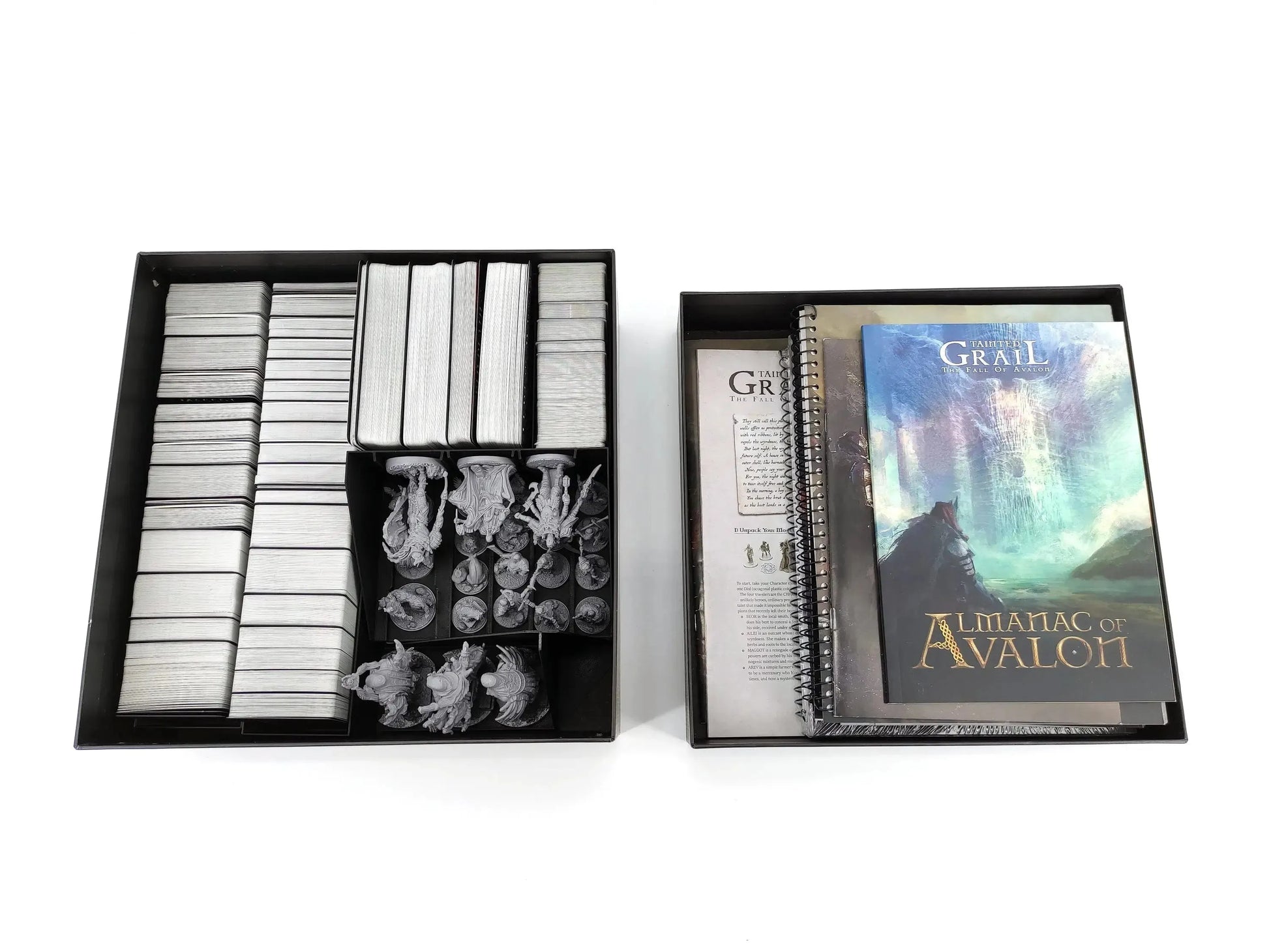 Tainted Grail board game storage insert by Tinkering Paws, 3D printed organizer inlay fitting cards, miniatures and components in one box while rulebooks and Almanac of Avalon are stored separately, space-saving board game accessory