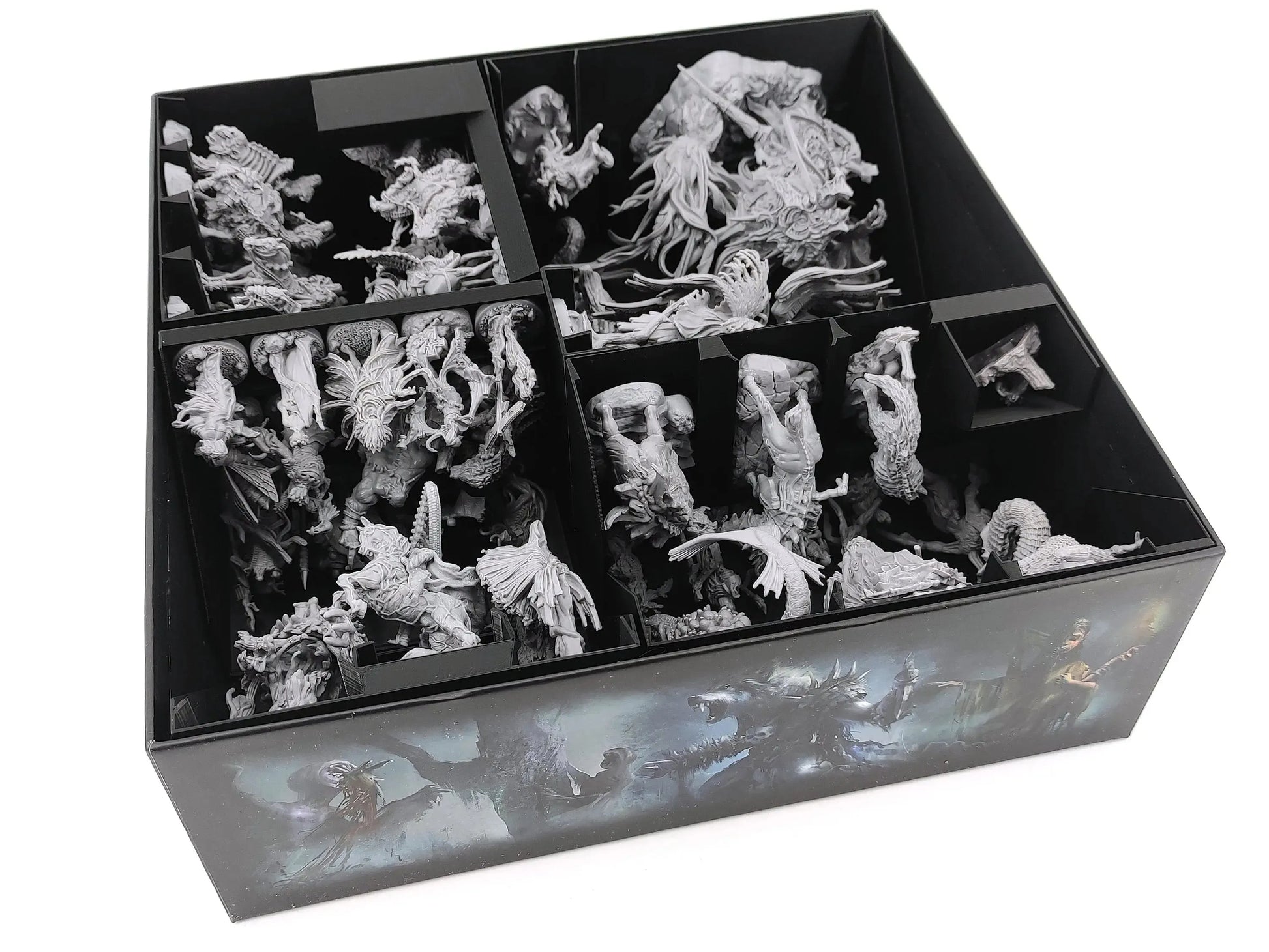 Tainted Grail miniature storage insert by Tinkering Paws, 3D printed board game organizer inlay holding large and epic miniatures safely inside the original game box, space-saving storage, fast setup, no assembly