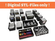 A collection of 3D-printed, black organizer inserts designed for a board game, shown against a white background. An orange banner across the top reads: "! Digital STL-Files only !". The inserts hold various components: stacks of cards labeled with names like "Sloan," "Dagan," "Avalon," and "Death," a tray of tokens in red, gold, and purple, and two larger boxes filled with unpainted grey miniatures of fantasy creatures and characters.