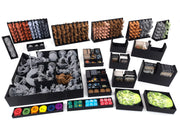 Complete overview of the Zombicide White Death board game insert set by Tinkering Paws. The image shows multiple black 3D-printed organizers arranged on a white background, including vertical miniatures holders, large monster trays, card holders, token boxes, dice trays, and component organizers. The insert system is designed for efficient storage, quick setup, and clear organization of all Zombicide White Death miniatures, cards, dice, and game tokens.