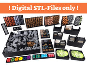 Complete digital STL board game insert for Zombicide White Death. The image shows a full set of 3D-printed organizers including miniature storage racks, card holders, token trays, dice organizers, and component boxes arranged neatly on a white background. The insert is designed to improve setup, gameplay, and storage efficiency and is available as digital STL files from Tinkering Paws.