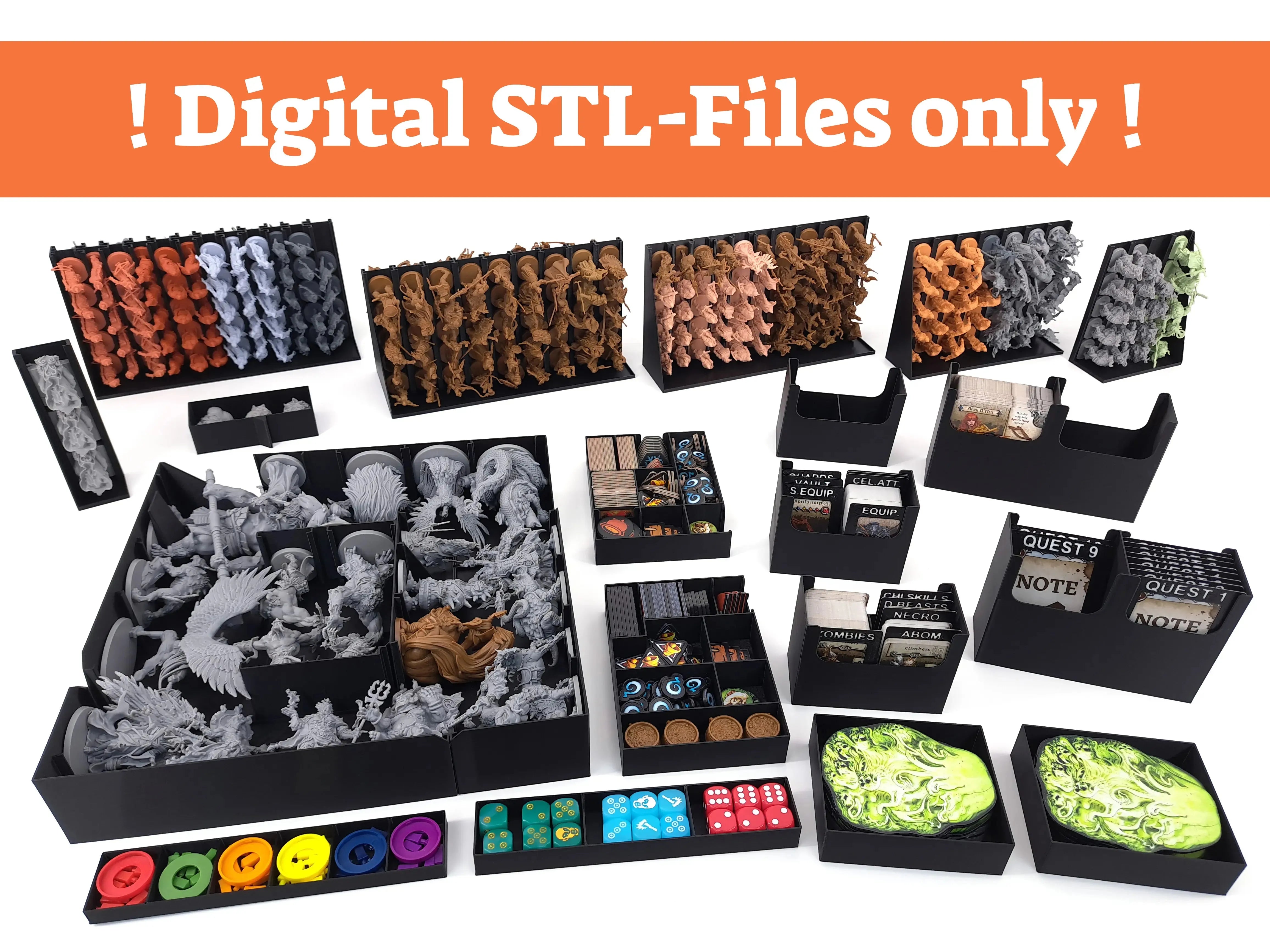 Complete digital STL board game insert for Zombicide White Death. The image shows a full set of 3D-printed organizers including miniature storage racks, card holders, token trays, dice organizers, and component boxes arranged neatly on a white background. The insert is designed to improve setup, gameplay, and storage efficiency and is available as digital STL files from Tinkering Paws.