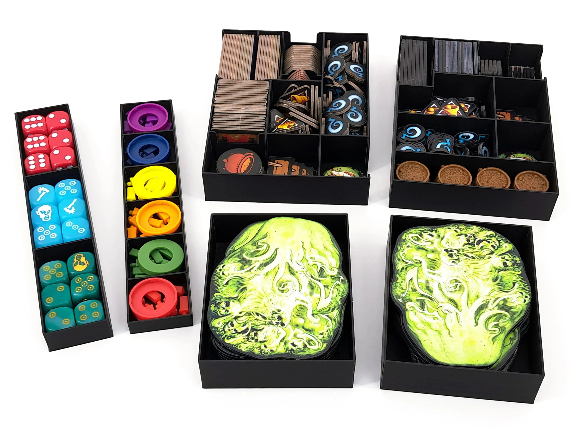 Zombicide White Death showing multiple 3D-printed trays holding dice, round tokens, cards, and large green corruption tiles. The modular inserts are designed to sort and protect all game components efficiently inside the box and are available as digital STL files from Tinkering Paws.